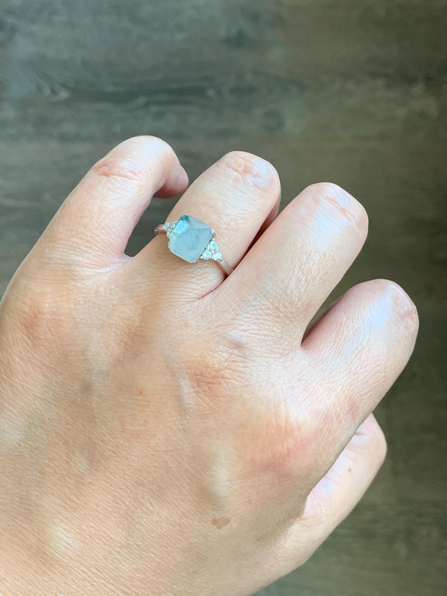 Natural Grade A Icy Translucent Gelatinous Light Green Marbled Faceted Jadeite Ring Sterling Silver Size 7 Adjustable 天然冰胶飘花翡翠切割面银镶戒指 MQG80A