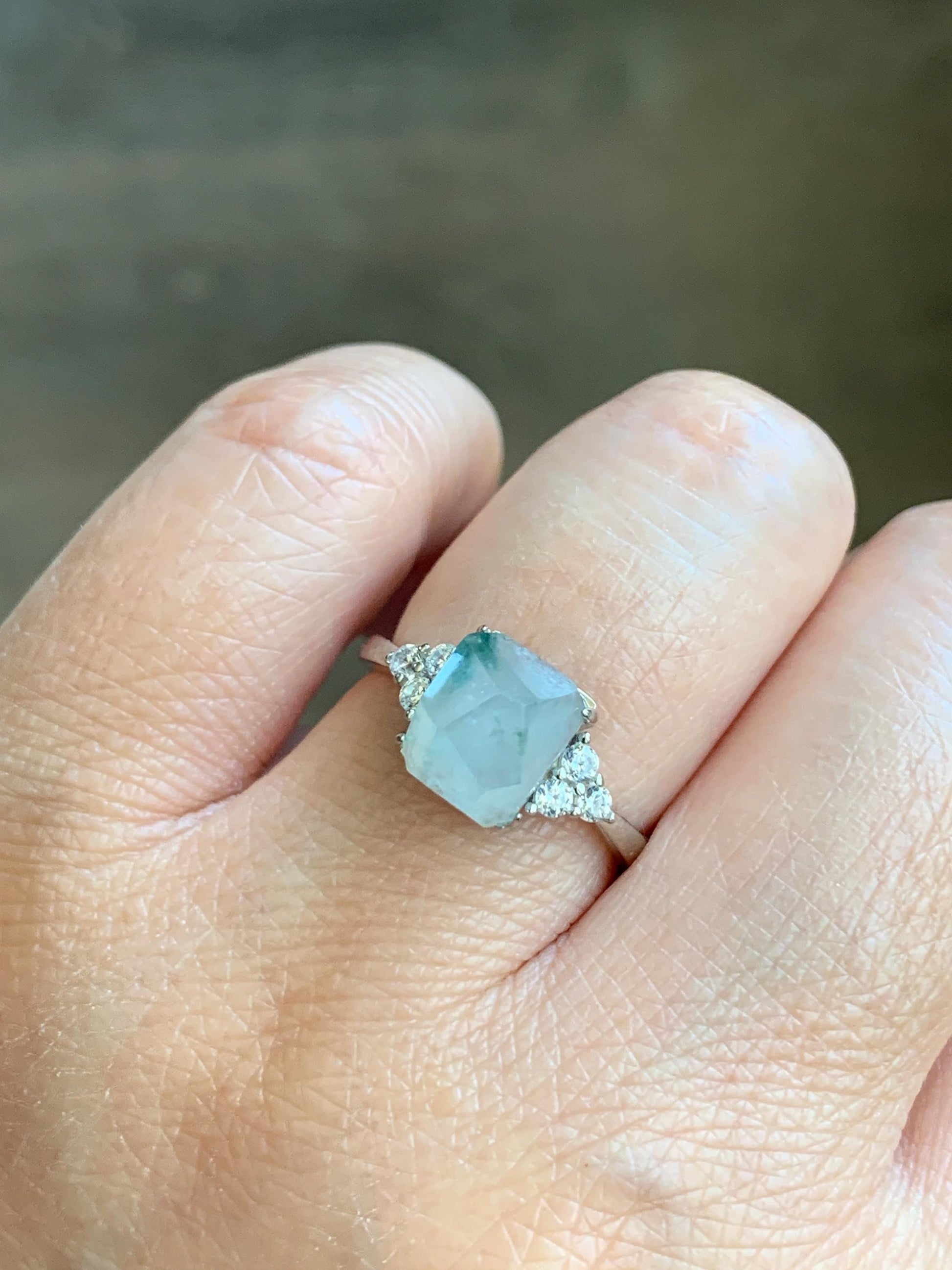Natural Grade A Icy Translucent Gelatinous Light Green Marbled Faceted Jadeite Ring Sterling Silver Size 7 Adjustable 天然冰胶飘花翡翠切割面银镶戒指 MQG80A