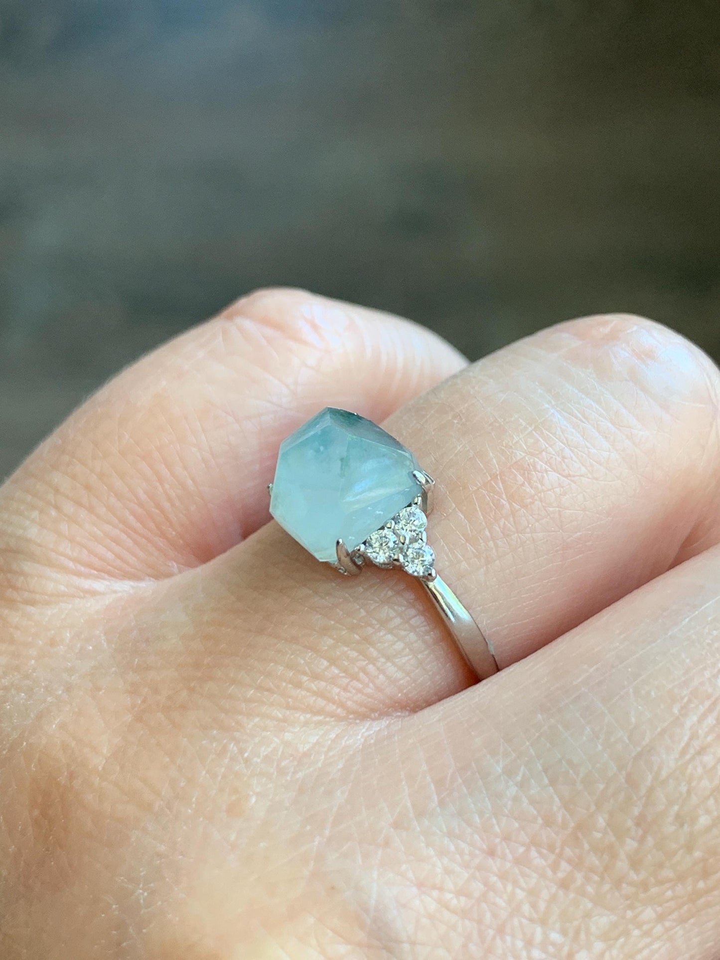 Natural Grade A Icy Translucent Gelatinous Light Green Marbled Faceted Jadeite Ring Sterling Silver Size 7 Adjustable 天然冰胶飘花翡翠切割面银镶戒指 MQG80A