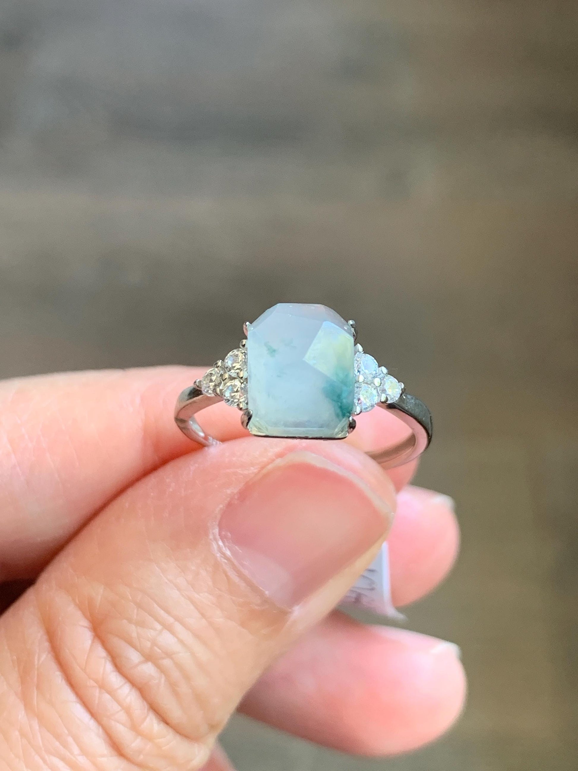 Natural Grade A Icy Translucent Gelatinous Light Green Marbled Faceted Jadeite Ring Sterling Silver Size 7 Adjustable 天然冰胶飘花翡翠切割面银镶戒指 MQG80A