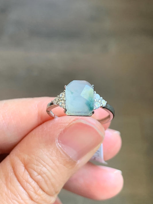 Natural Grade A Icy Translucent Gelatinous Light Green Marbled Faceted Jadeite Ring Sterling Silver Size 7 Adjustable 天然冰胶飘花翡翠切割面银镶戒指 MQG80A