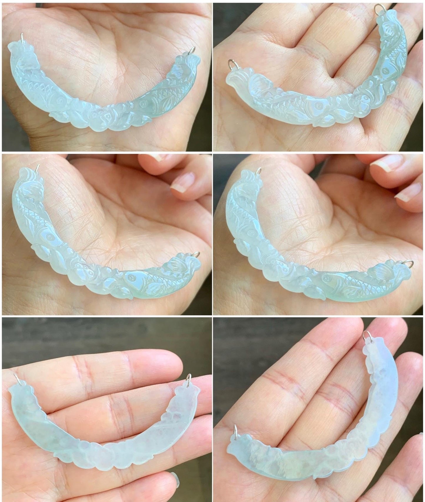 Natural Icy Translucent Pastel Green Marbled Jadeite Double Fish Lotus Flower Crescent Pendant Sterling Silver Necklace 24" 天然冰胶翡翠双鱼玉横银项链 TM