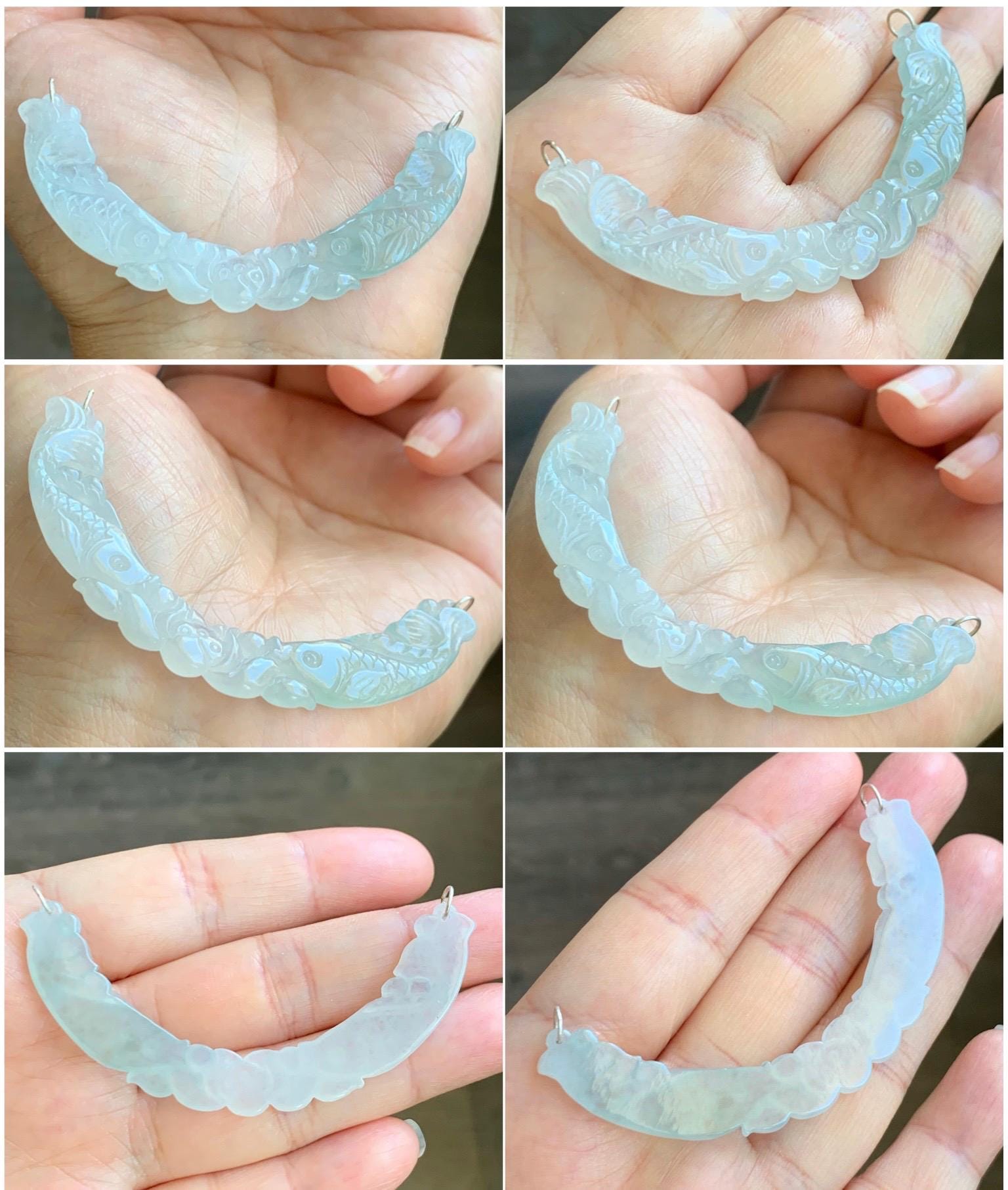 Natural Icy Translucent Pastel Green Marbled Jadeite Double Fish Lotus Flower Crescent Pendant Sterling Silver Necklace 24" 天然冰胶翡翠双鱼玉横银项链 TM