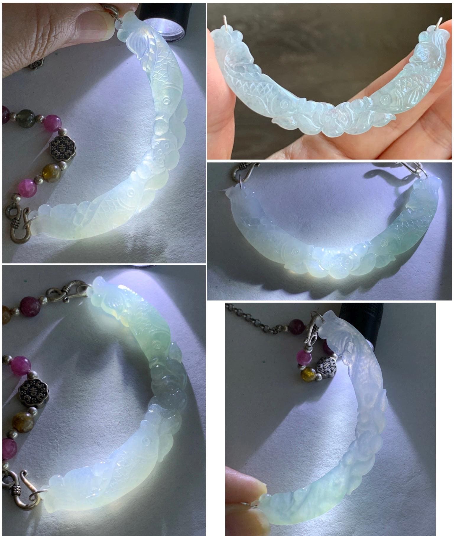 Natural Icy Translucent Pastel Green Marbled Jadeite Double Fish Lotus Flower Crescent Pendant Sterling Silver Necklace 24" 天然冰胶翡翠双鱼玉横银项链 TM