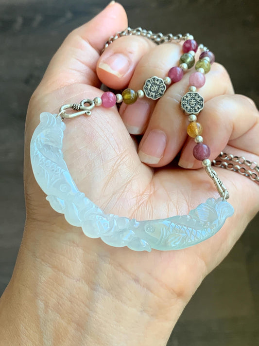 Natural Icy Translucent Pastel Green Marbled Jadeite Double Fish Lotus Flower Crescent Pendant Sterling Silver Necklace 24" 天然冰胶翡翠双鱼玉横银项链 TM