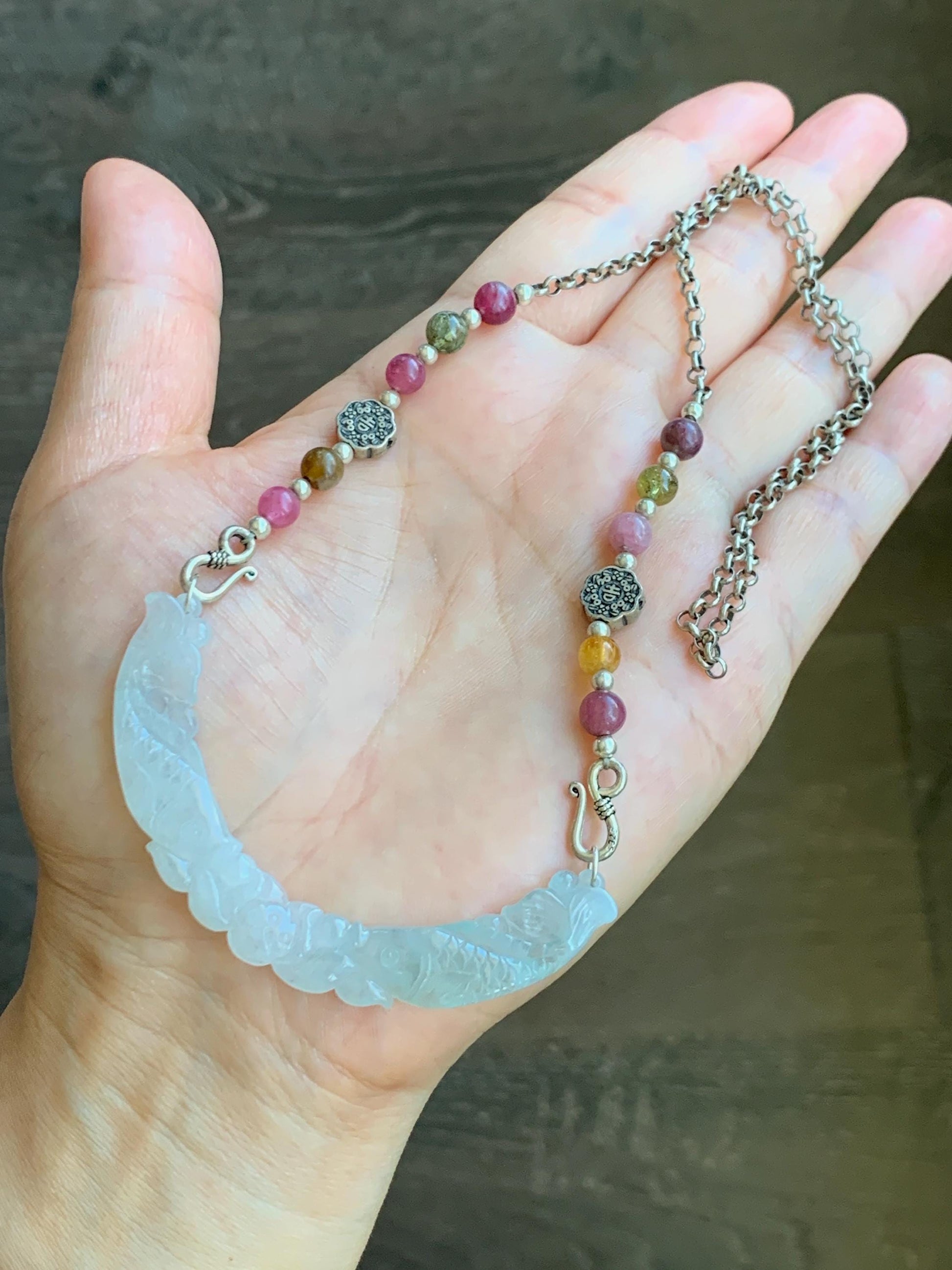 Natural Icy Translucent Pastel Green Marbled Jadeite Double Fish Lotus Flower Crescent Pendant Sterling Silver Necklace 24" 天然冰胶翡翠双鱼玉横银项链 TM
