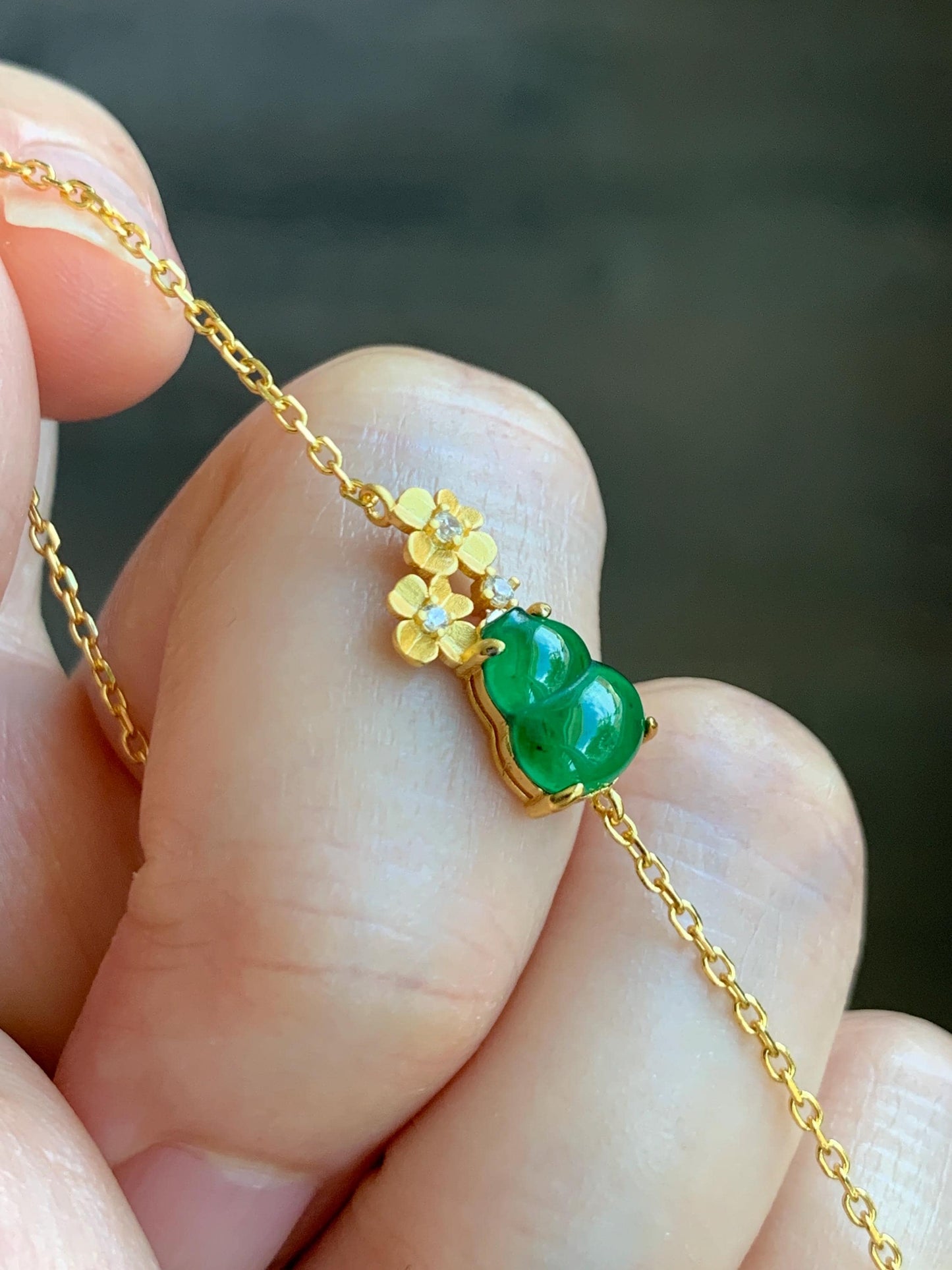 Natural Grade A Guatemalan Icy Translucent Vibrant Green Gourd Hulu Jadeite Flower Chain Bracelet Sterling Silver 6.5" 天然冰危绿翡翠葫芦梅花银手链 HGG160