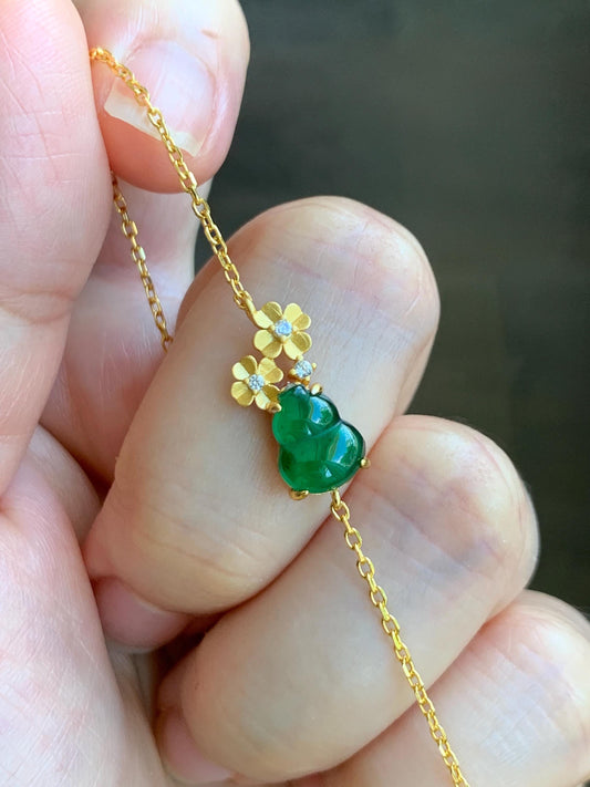 Natural Grade A Guatemalan Icy Translucent Vibrant Green Gourd Hulu Jadeite Flower Chain Bracelet Sterling Silver 6.5" 天然冰危绿翡翠葫芦梅花银手链 HGG160