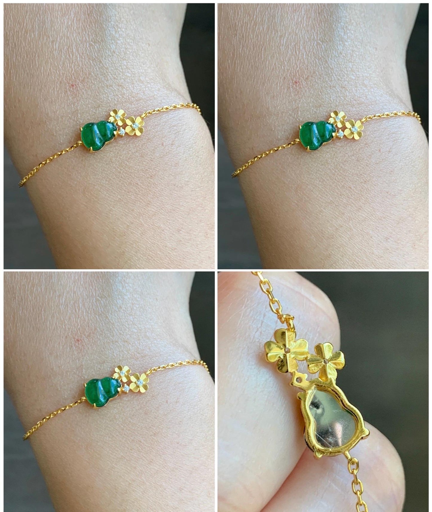 Natural Grade A Guatemalan Icy Translucent Vibrant Green Gourd Hulu Jadeite Flower Chain Bracelet Sterling Silver 6.5" 天然冰危绿翡翠葫芦梅花银手链 HGG160