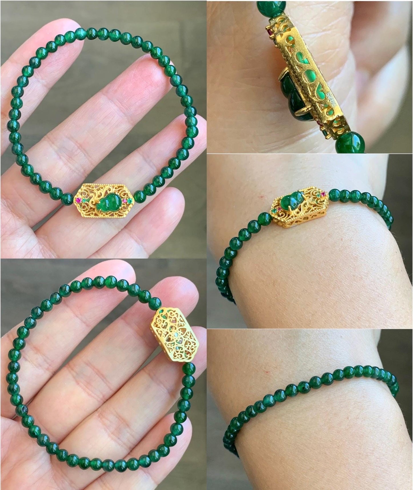 Natural Grade A Guatemalan Icy Green Jade Jadeite Petite Beads Gourd Charm Beaded Bracelet 3.8mm 6.75” Sterling Silver 天然冰危绿翡翠小圆珠葫芦潘多拉手串 CWH