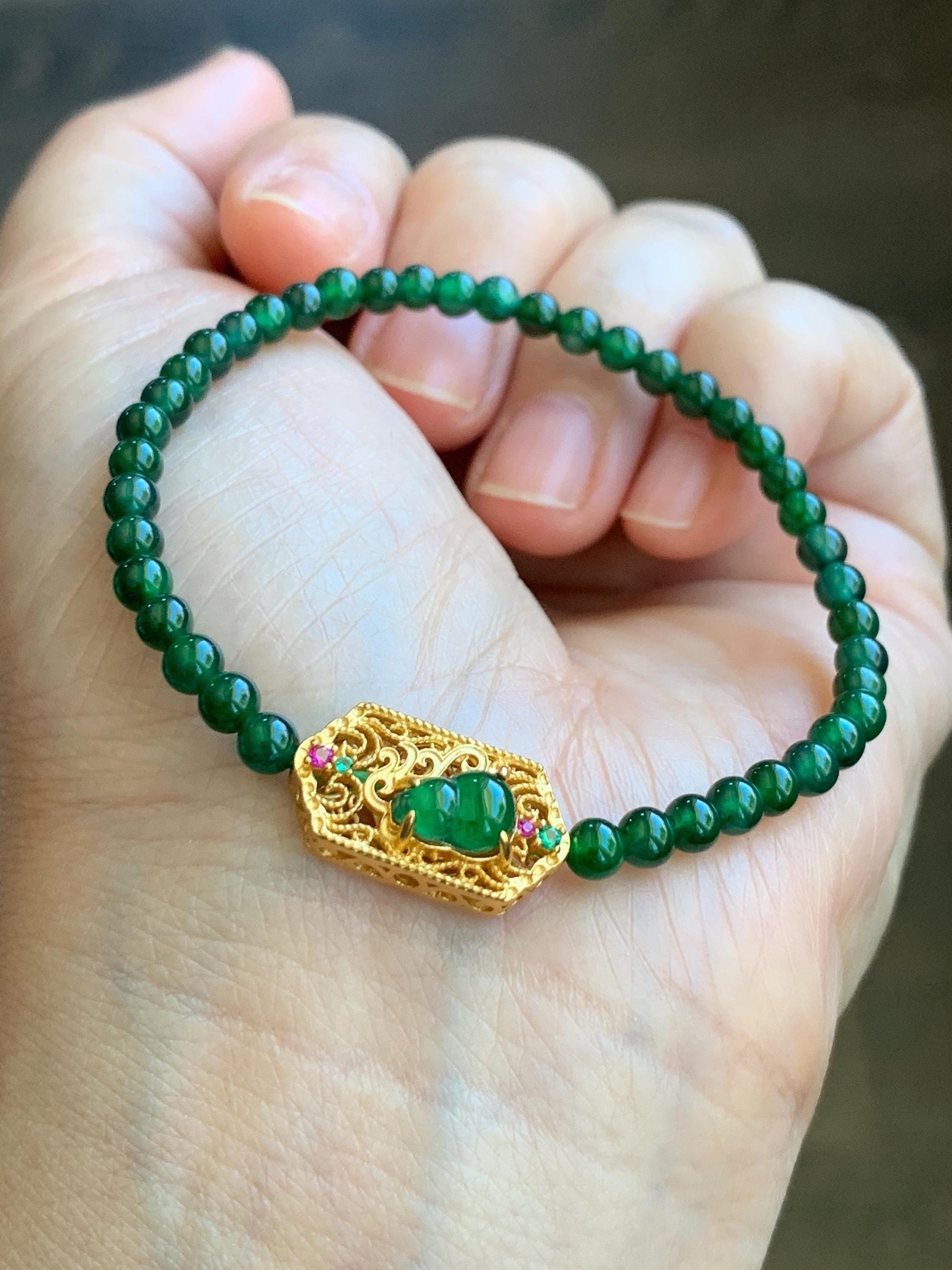 Natural Grade A Guatemalan Icy Green Jade Jadeite Petite Beads Gourd Charm Beaded Bracelet 3.8mm 6.75” Sterling Silver 天然冰危绿翡翠小圆珠葫芦潘多拉手串 CWH