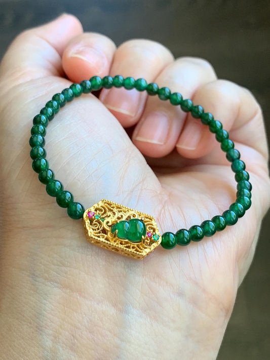 Natural Grade A Guatemalan Icy Green Jade Jadeite Petite Beads Gourd Charm Beaded Bracelet 3.8mm 6.75” Sterling Silver 天然冰危绿翡翠小圆珠葫芦潘多拉手串 CWH