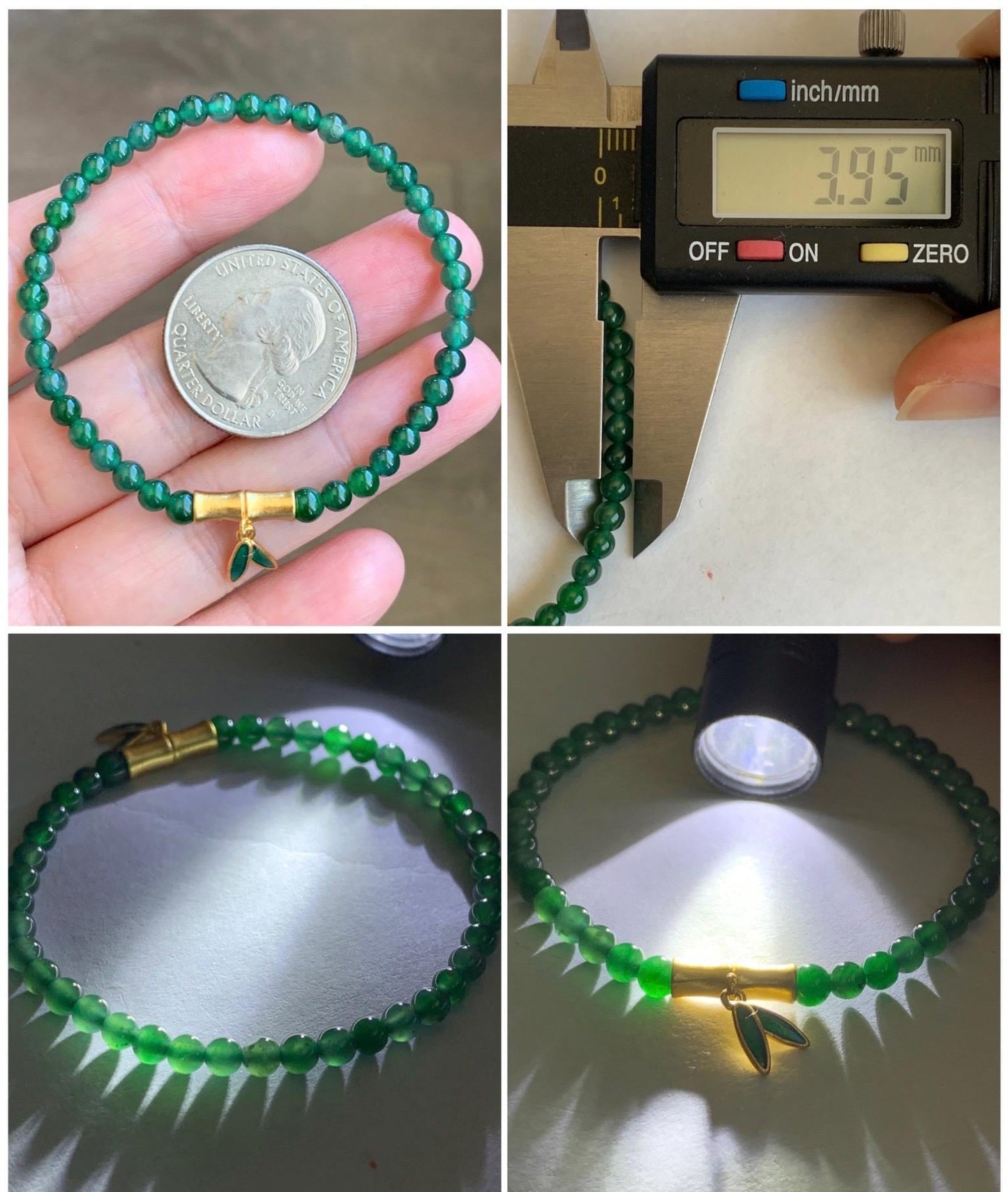 Natural Grade A Guatemalan Icy Green Jade Jadeite Petite Beads Bamboo Charm Beaded Bracelet 3.8mm 6.25” Sterling Silver 天然冰危绿翡翠小圆珠手串 CWZ130