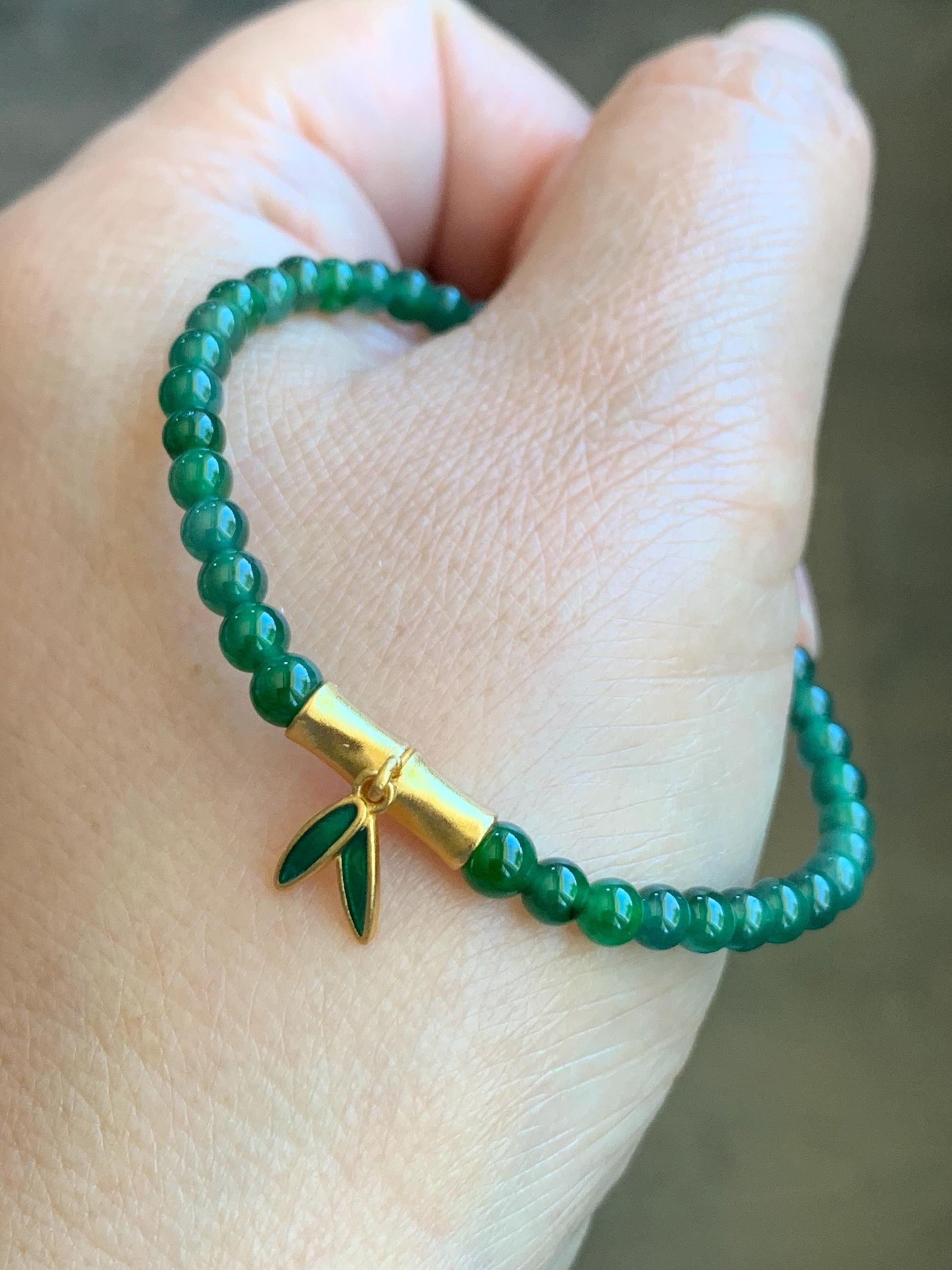 Natural Grade A Guatemalan Icy Green Jade Jadeite Petite Beads Bamboo Charm Beaded Bracelet 3.8mm 6.25” Sterling Silver 天然冰危绿翡翠小圆珠手串 CWZ130