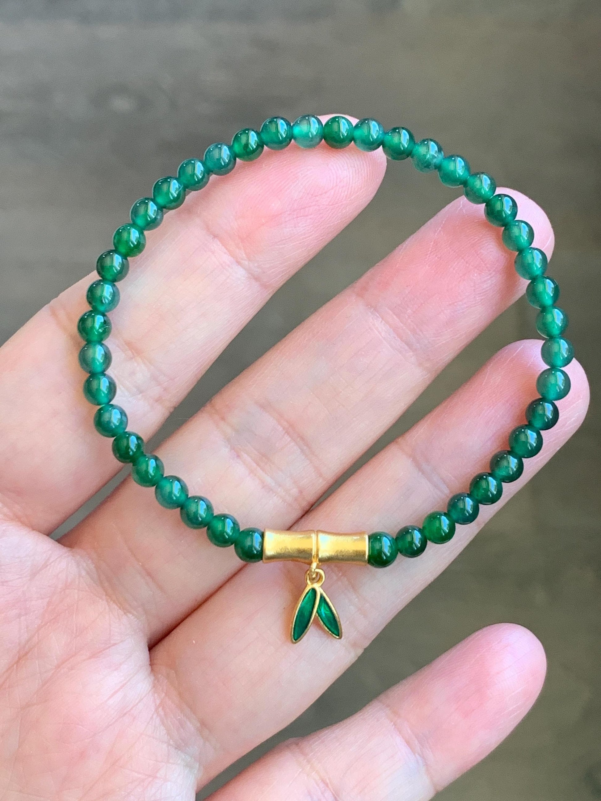Natural Grade A Guatemalan Icy Green Jade Jadeite Petite Beads Bamboo Charm Beaded Bracelet 3.8mm 6.25” Sterling Silver 天然冰危绿翡翠小圆珠手串 CWZ130
