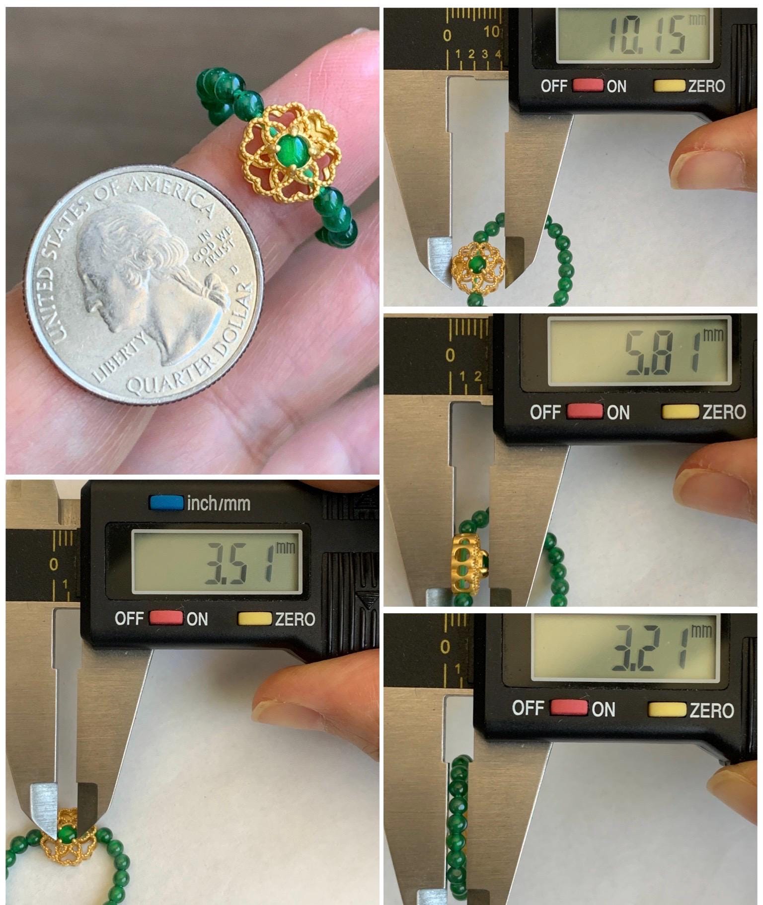 Natural Guatemalan Icy Translucent Vibrant Green Jade Jadeite Petite Beads Floral Charm Beaded Band Ring Size 6.75 US 天然冰危绿翡翠小珠潘多拉戒圈 WLJ-P