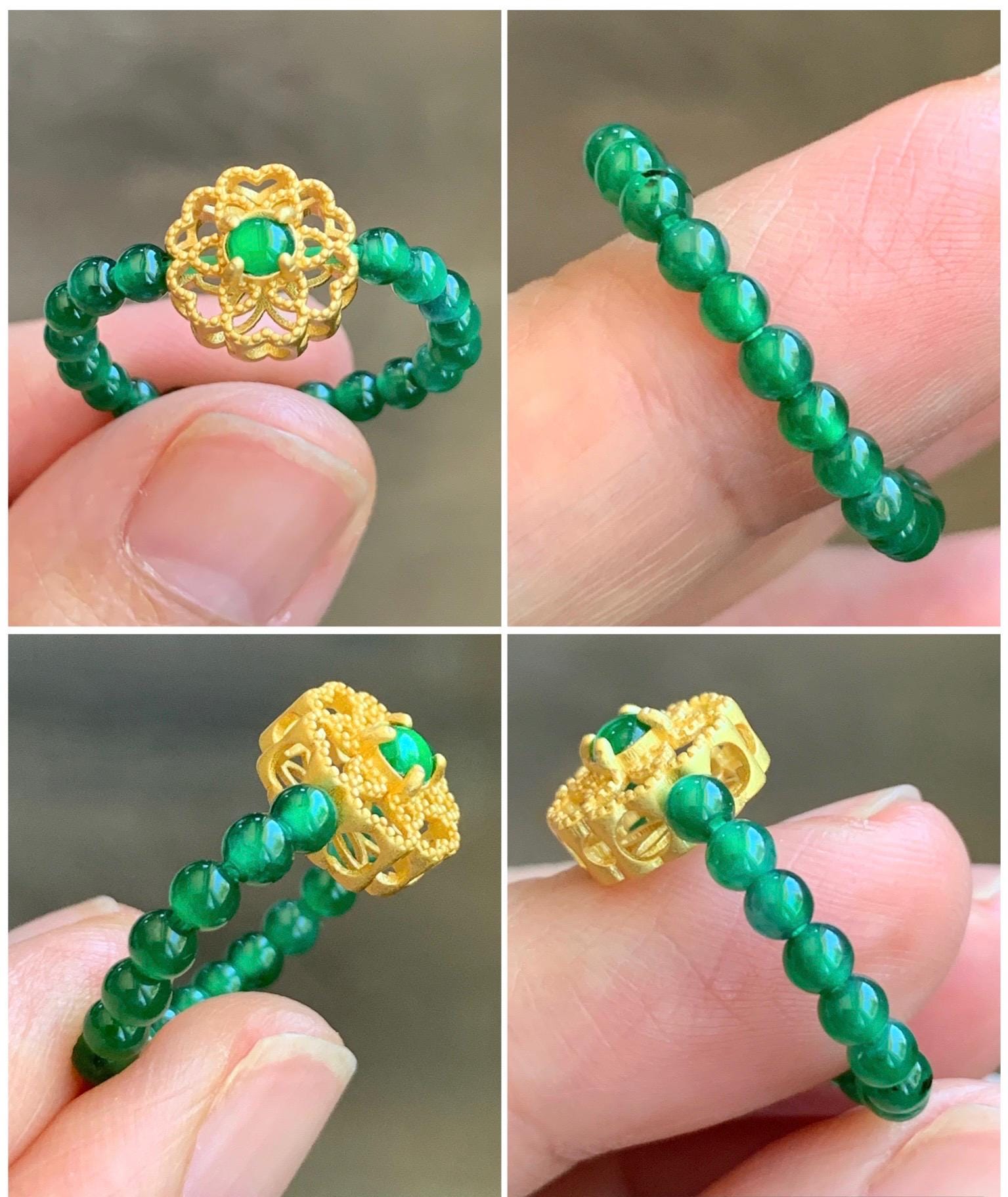 Natural Guatemalan Icy Translucent Vibrant Green Jade Jadeite Petite Beads Floral Charm Beaded Band Ring Size 6.75 US 天然冰危绿翡翠小珠潘多拉戒圈 WLJ-P