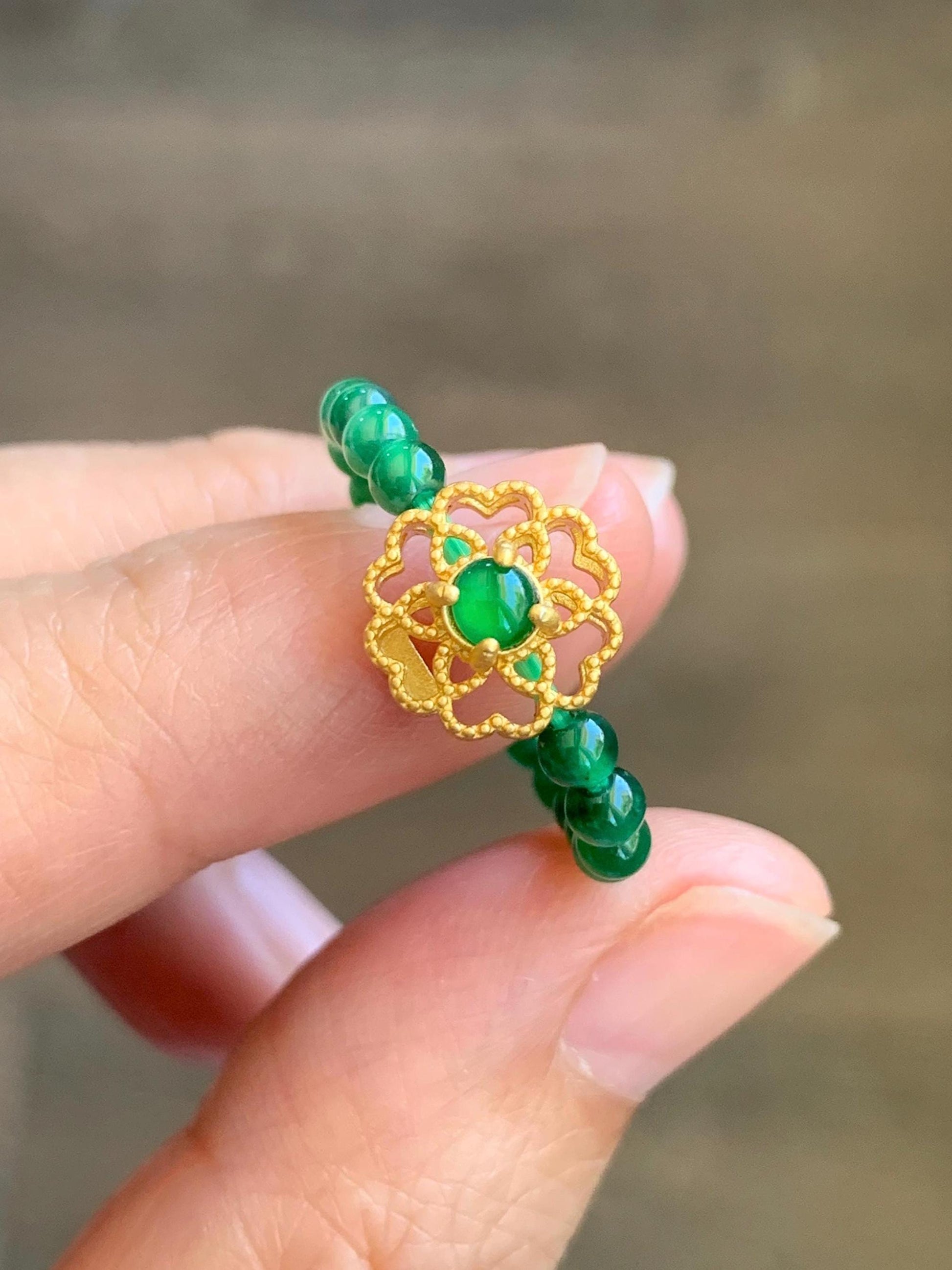 Natural Guatemalan Icy Translucent Vibrant Green Jade Jadeite Petite Beads Floral Charm Beaded Band Ring Size 6.75 US 天然冰危绿翡翠小珠潘多拉戒圈 WLJ-P