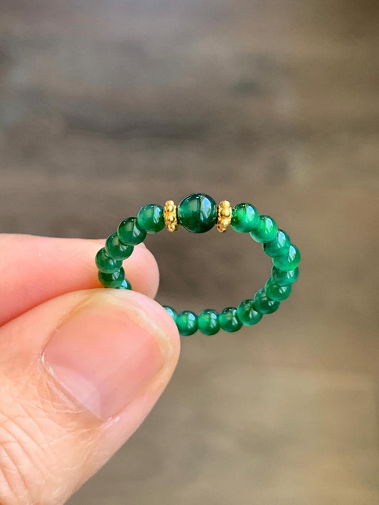 Natural Guatemalan Icy Translucent Vibrant Green Jade Jadeite Petite Beads Sterling Silver Beaded Band Ring Size 7 US 天然冰危绿翡翠小珠戒圈 WLJ-Z