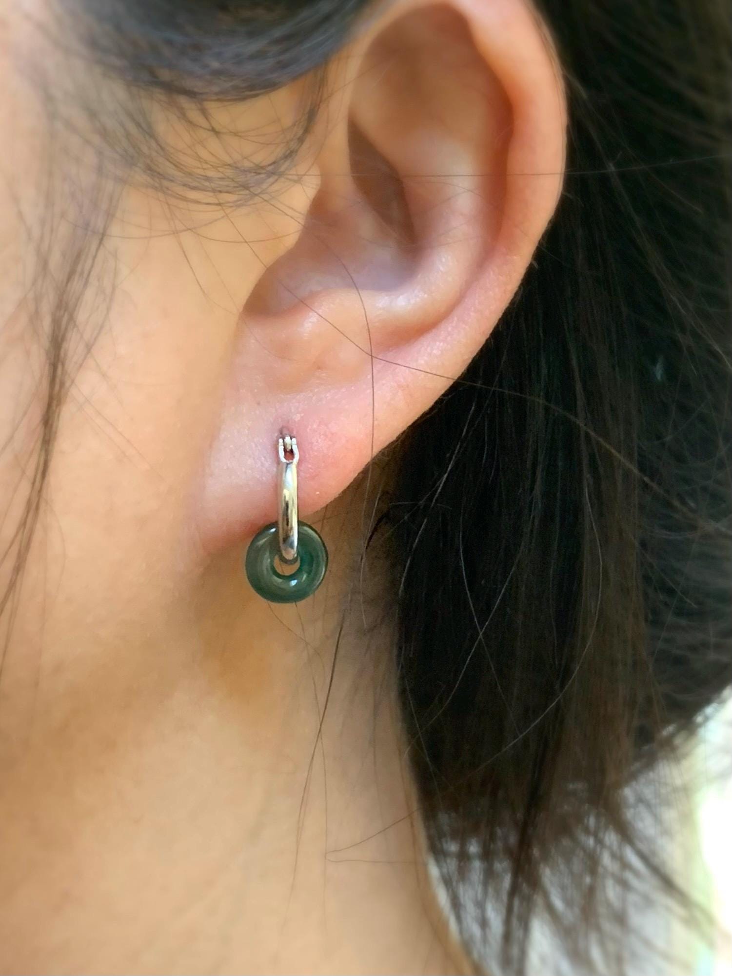 Natural Guatemalan Icy Highly Translucent Jade Jadeite Ping An Kou Mini Donut Huggie Hoop Earrings Sterling Silver 天然冰胶起光蓝绿翡翠迷你平安扣银耳包 XKQ