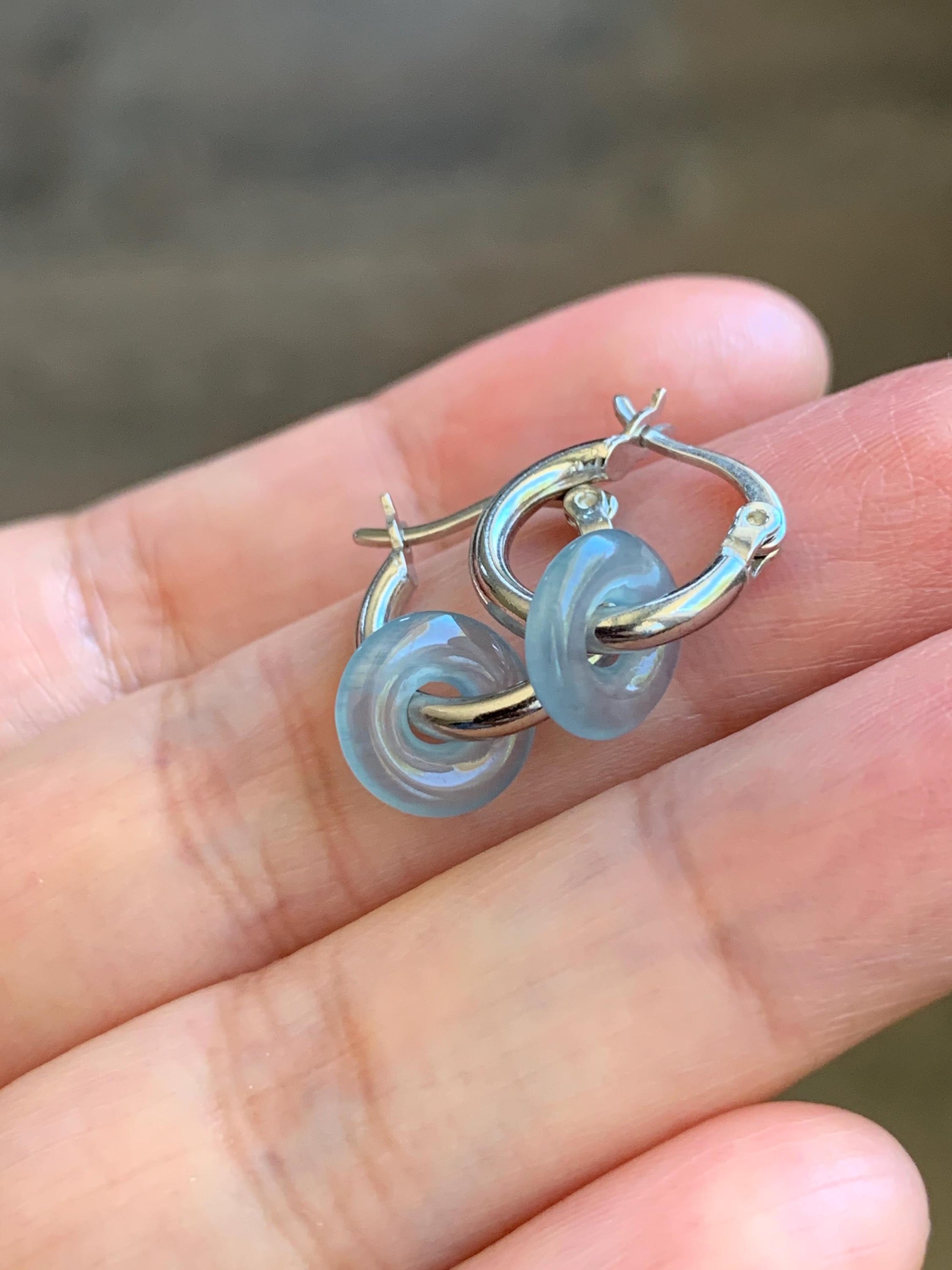 Natural Guatemalan Icy Highly Translucent Jade Jadeite Ping An Kou Mini Donut Huggie Hoop Earrings Sterling Silver 天然冰胶起光蓝绿翡翠迷你平安扣银耳包 XKQ
