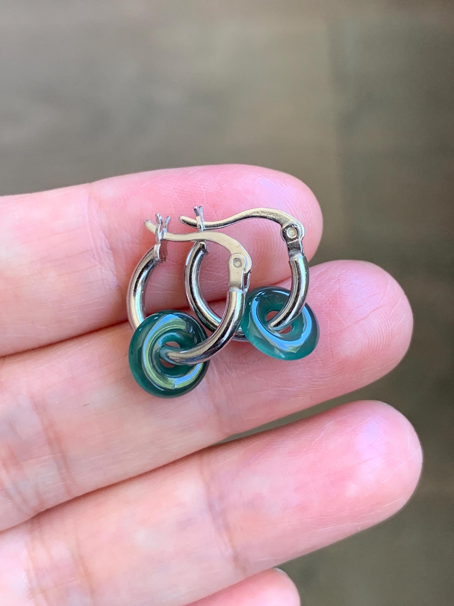 Natural Guatemalan Icy Highly Translucent Jade Jadeite Ping An Kou Mini Donut Huggie Hoop Earrings Sterling Silver 天然冰胶起光蓝绿翡翠迷你平安扣银耳包 XKQ