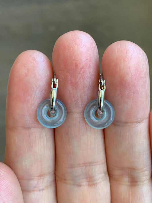 Natural Guatemalan Icy Highly Translucent Jade Jadeite Ping An Kou Mini Donut Huggie Hoop Earrings Sterling Silver 天然冰胶起光蓝绿翡翠迷你平安扣银耳包 XKQ