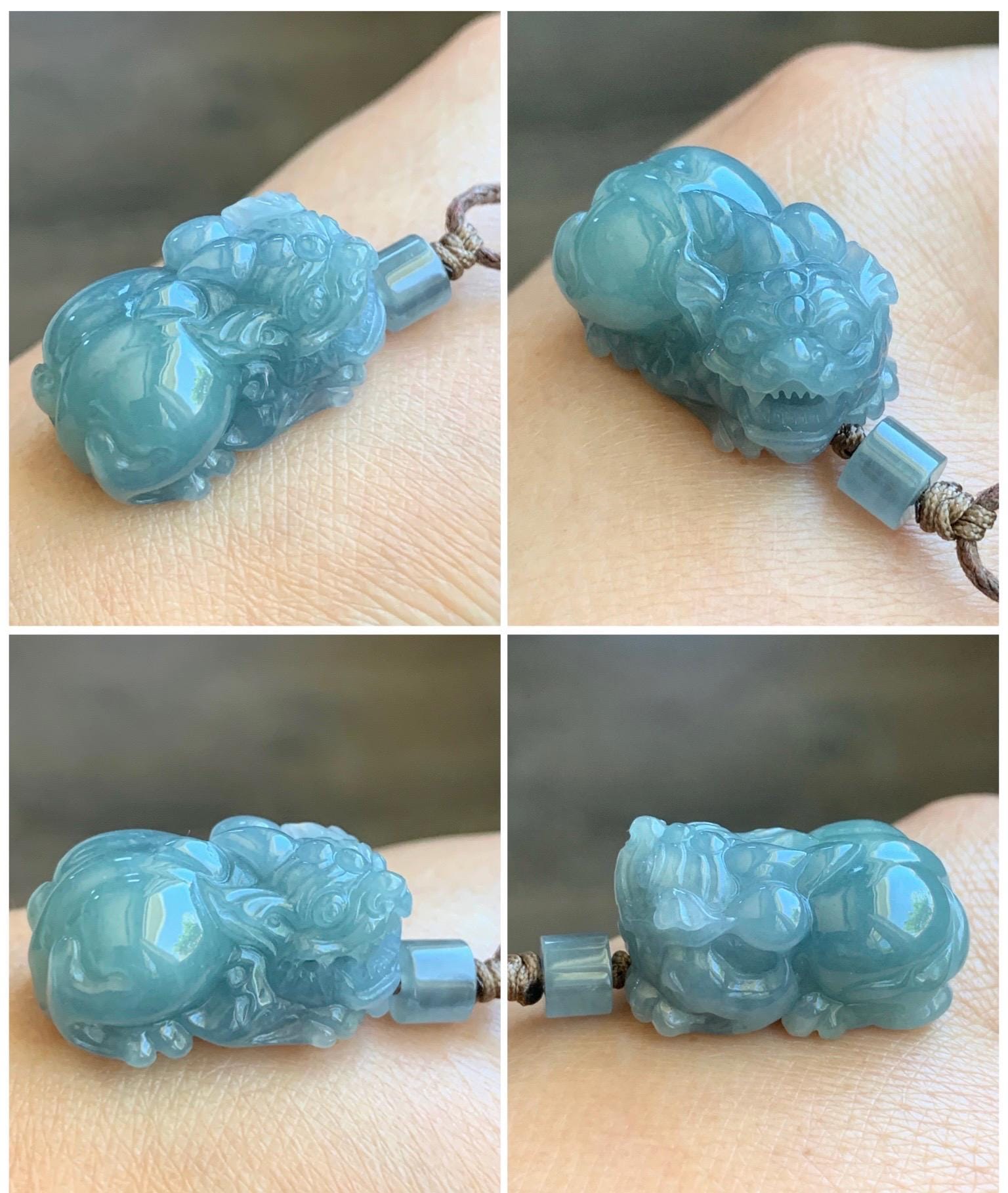 Natural Grade A Icy Translucent Gelatinous Light Blue Jade Jadeite Carved Pixiu Pendant Rope Necklace 25" 12g 天然冰胶浅蓝翡翠精工貔貅吊坠 MTL