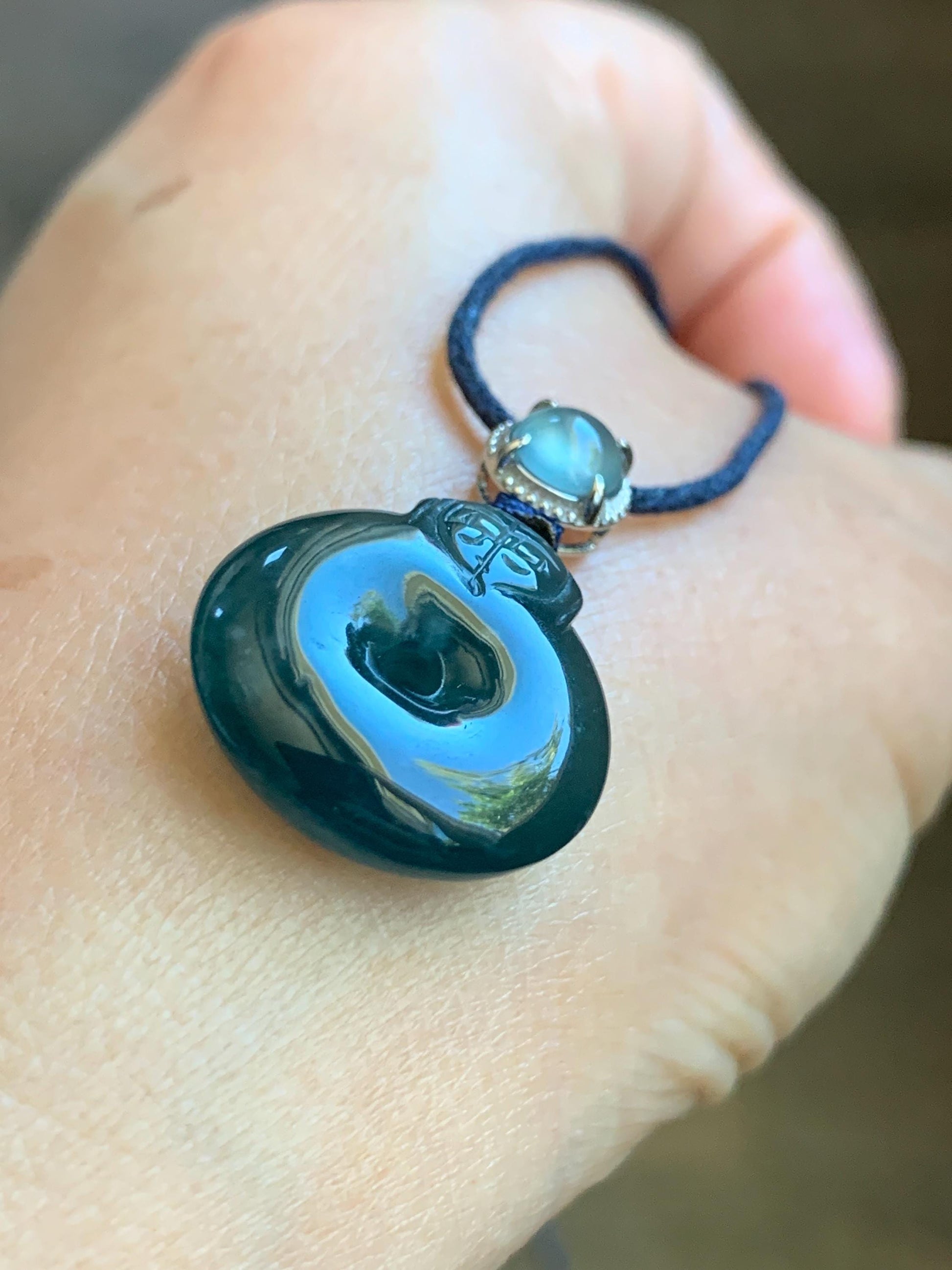 Natural Guatemalan Icy Translucent Dark Teal Blue Jadeite Ping An Kou Donut Pendant Sterling Silver Rope Necklace 26” 天然冰危深蓝翡翠平安扣吊坠项链 FGK100