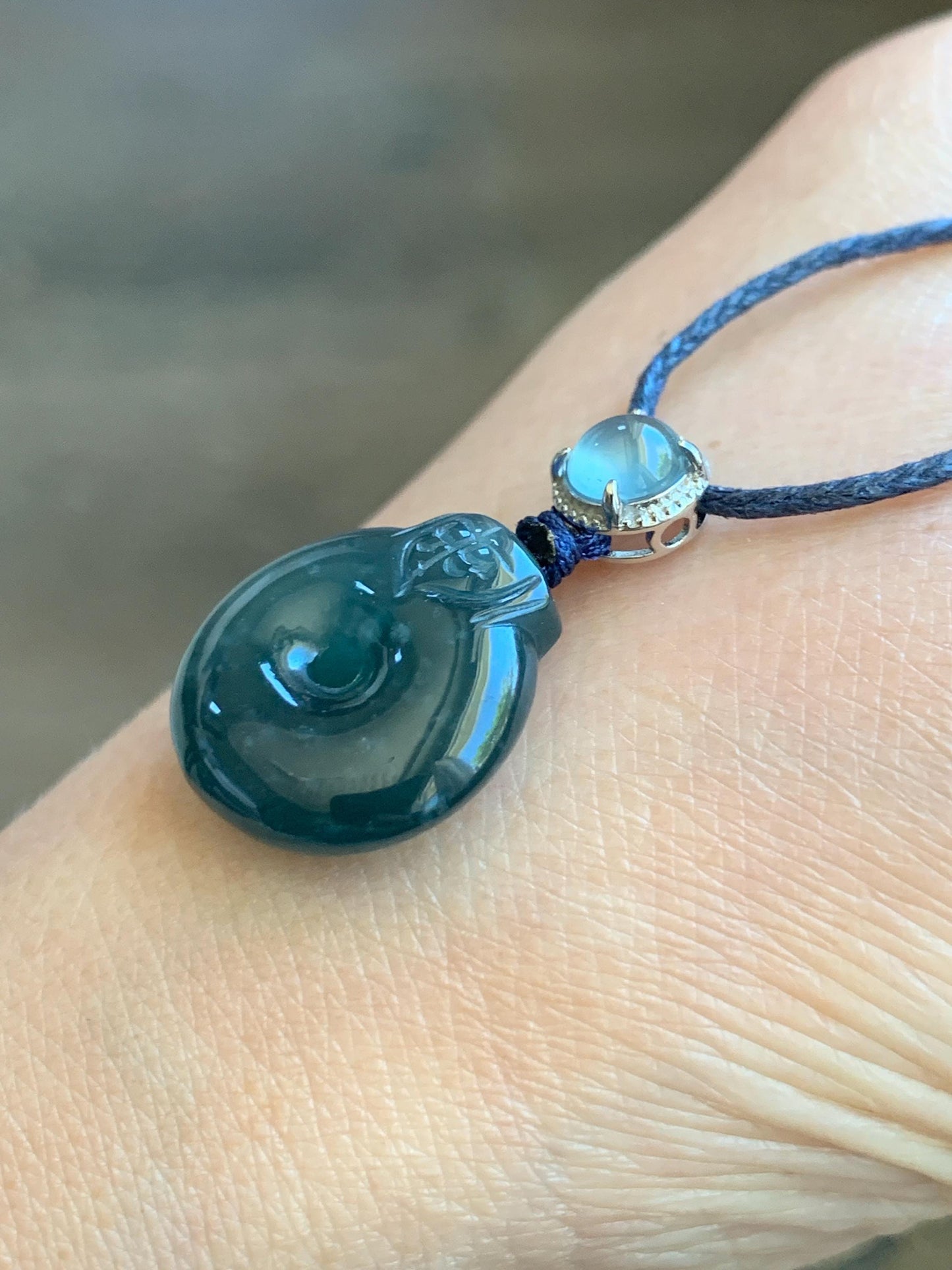 Natural Guatemalan Icy Translucent Dark Teal Blue Jadeite Ping An Kou Donut Pendant Sterling Silver Rope Necklace 26” 天然冰危深蓝翡翠平安扣吊坠项链 FGK100