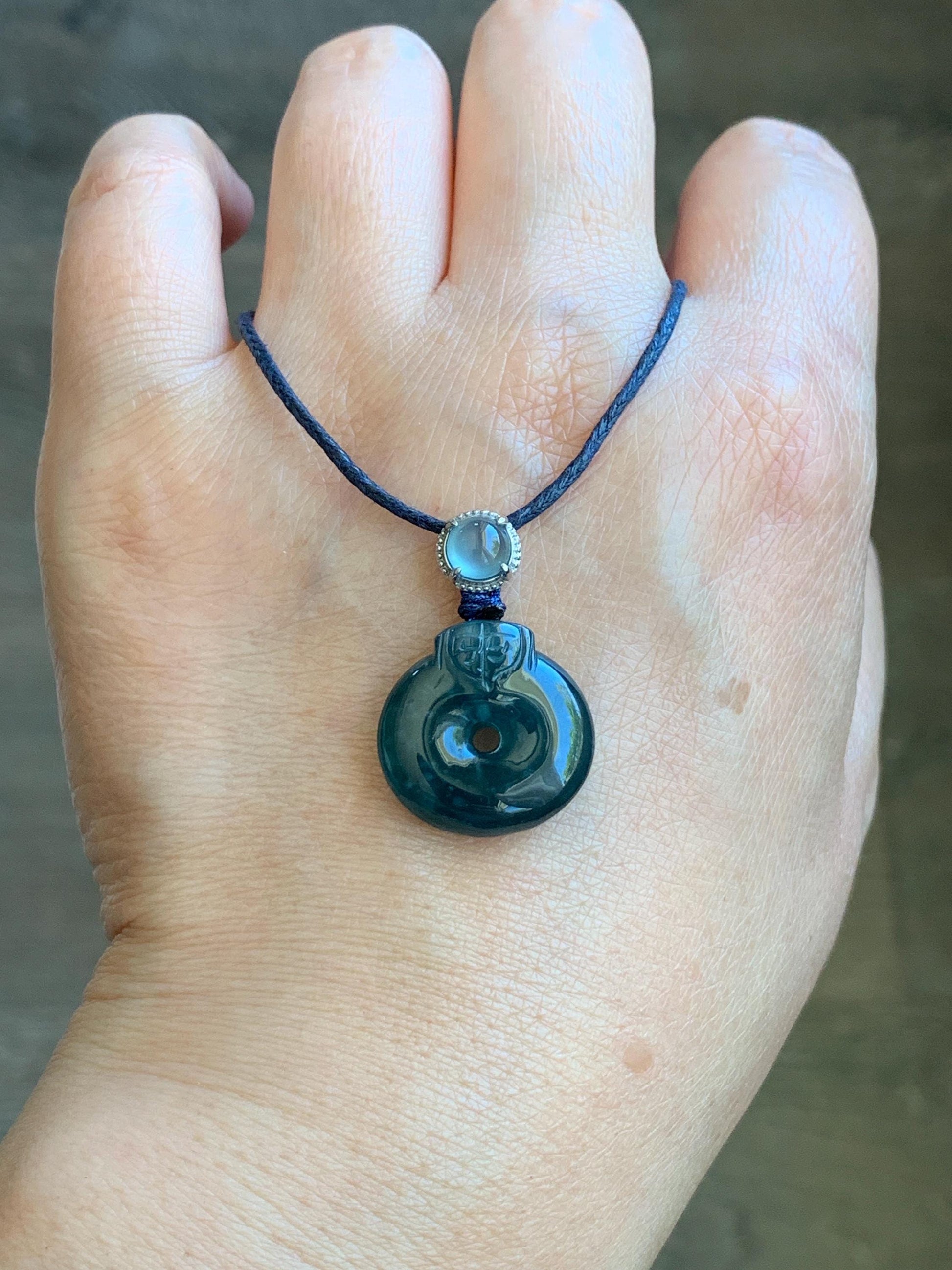 Natural Guatemalan Icy Translucent Dark Teal Blue Jadeite Ping An Kou Donut Pendant Sterling Silver Rope Necklace 26” 天然冰危深蓝翡翠平安扣吊坠项链 FGK100