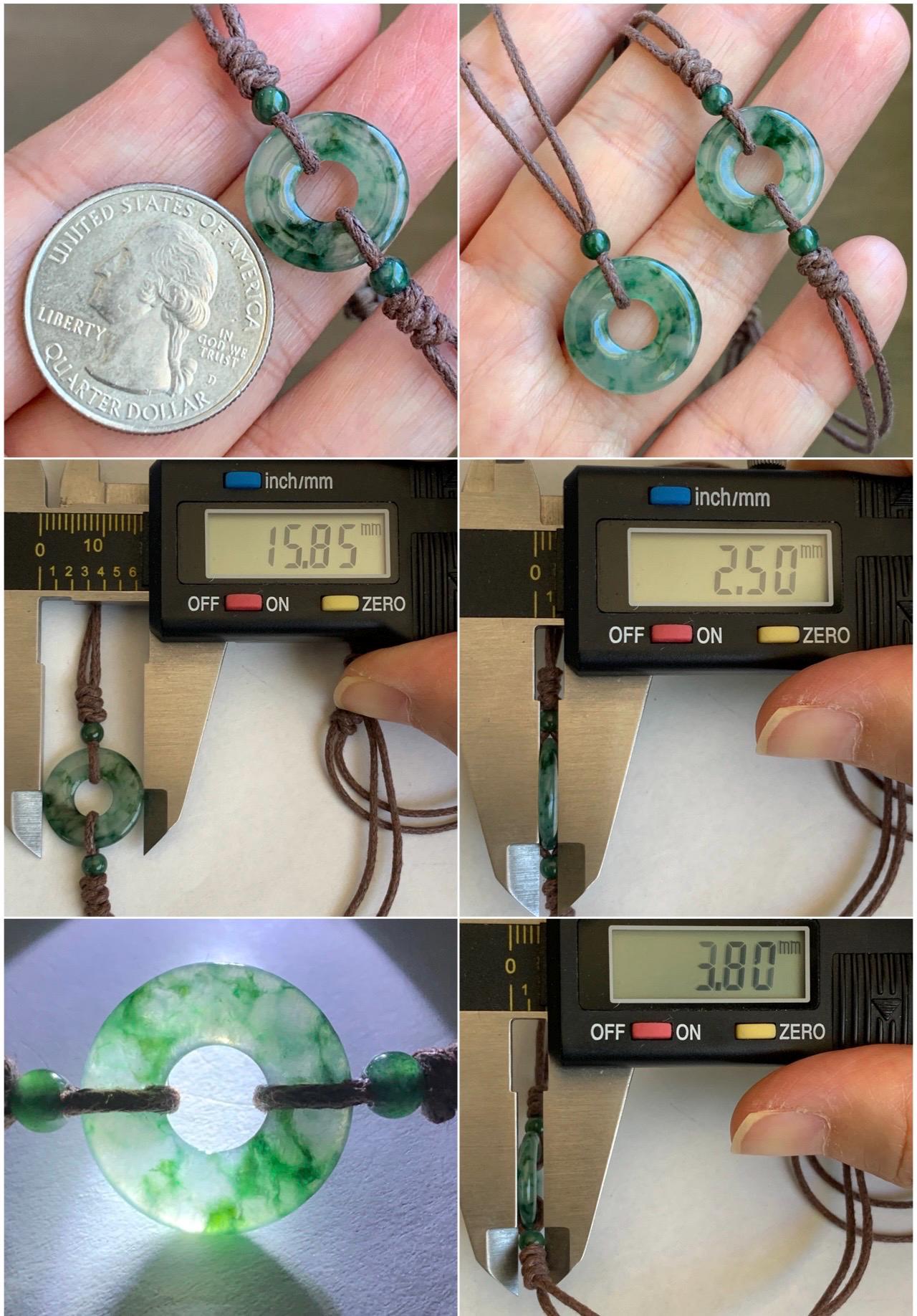 Natural Garde A Icy Highly Translucent Green Marbled Jadeite Petite Ping An Kou Donut Rope Bracelet Adjustable 9" 天然老种高冰飘花翡翠平安扣手绳 MLPK-B