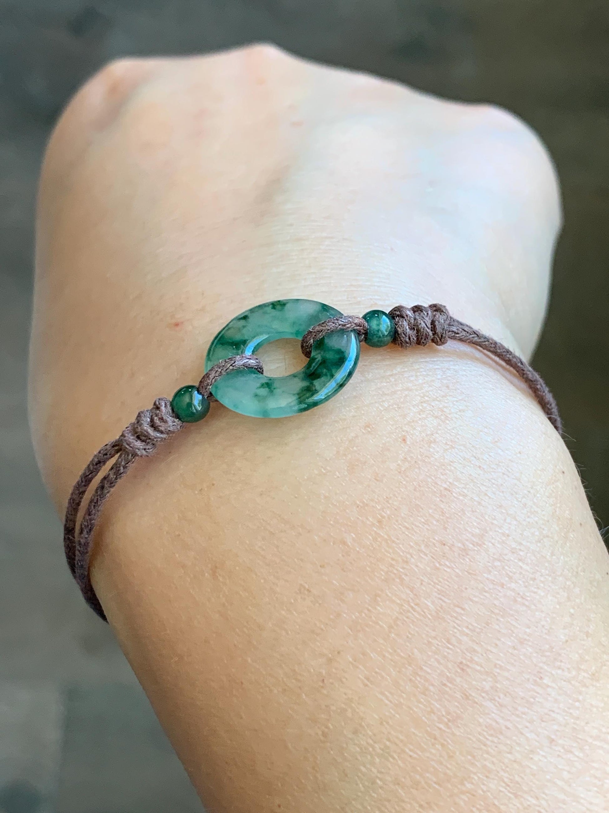 Natural Garde A Icy Highly Translucent Green Marbled Jadeite Petite Ping An Kou Donut Rope Bracelet Adjustable 9" 天然老种高冰飘花翡翠平安扣手绳 MLPK-B