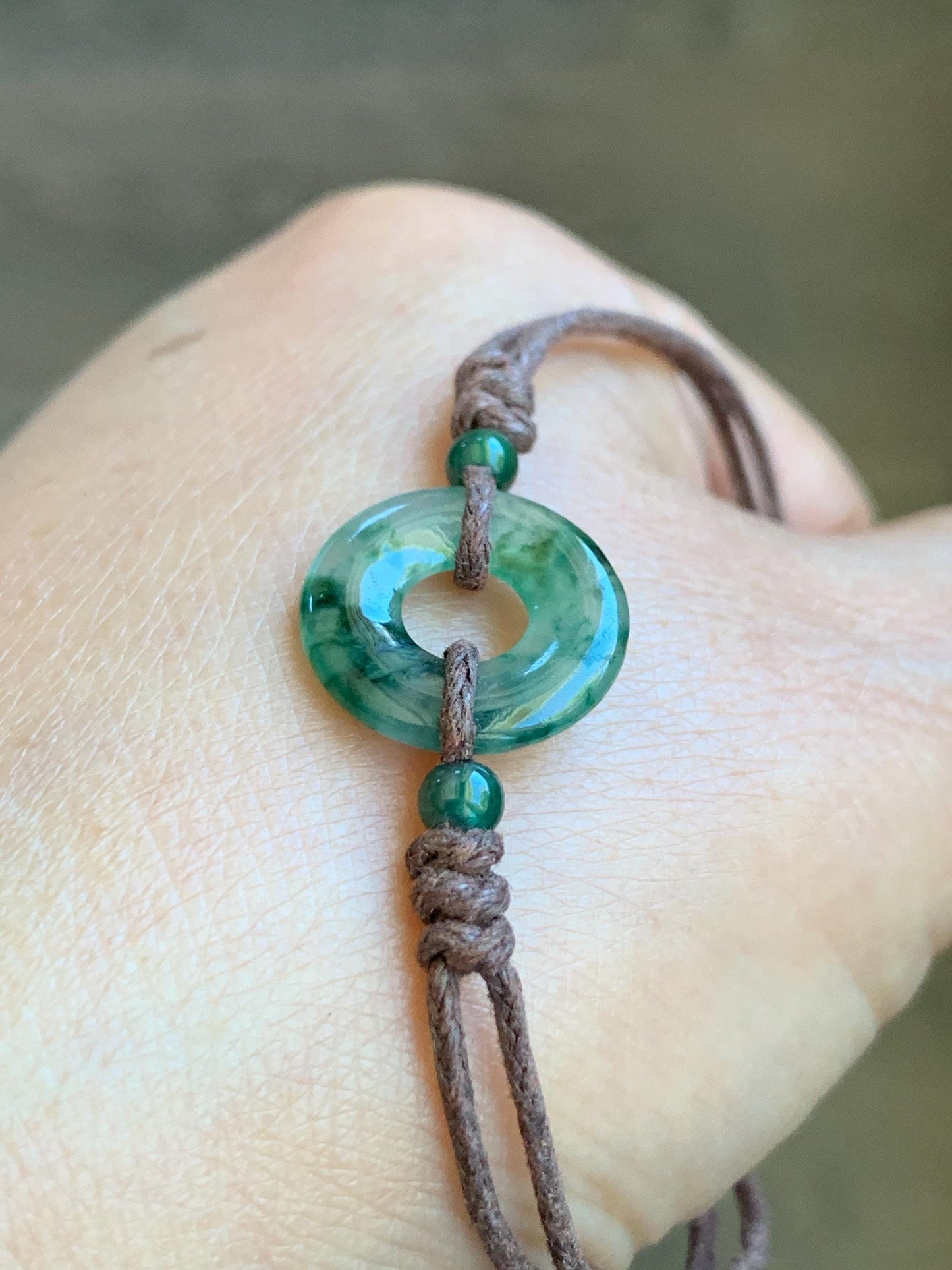 Natural Garde A Icy Highly Translucent Green Marbled Jadeite Petite Ping An Kou Donut Rope Bracelet Adjustable 9" 天然老种高冰飘花翡翠平安扣手绳 MLPK-B