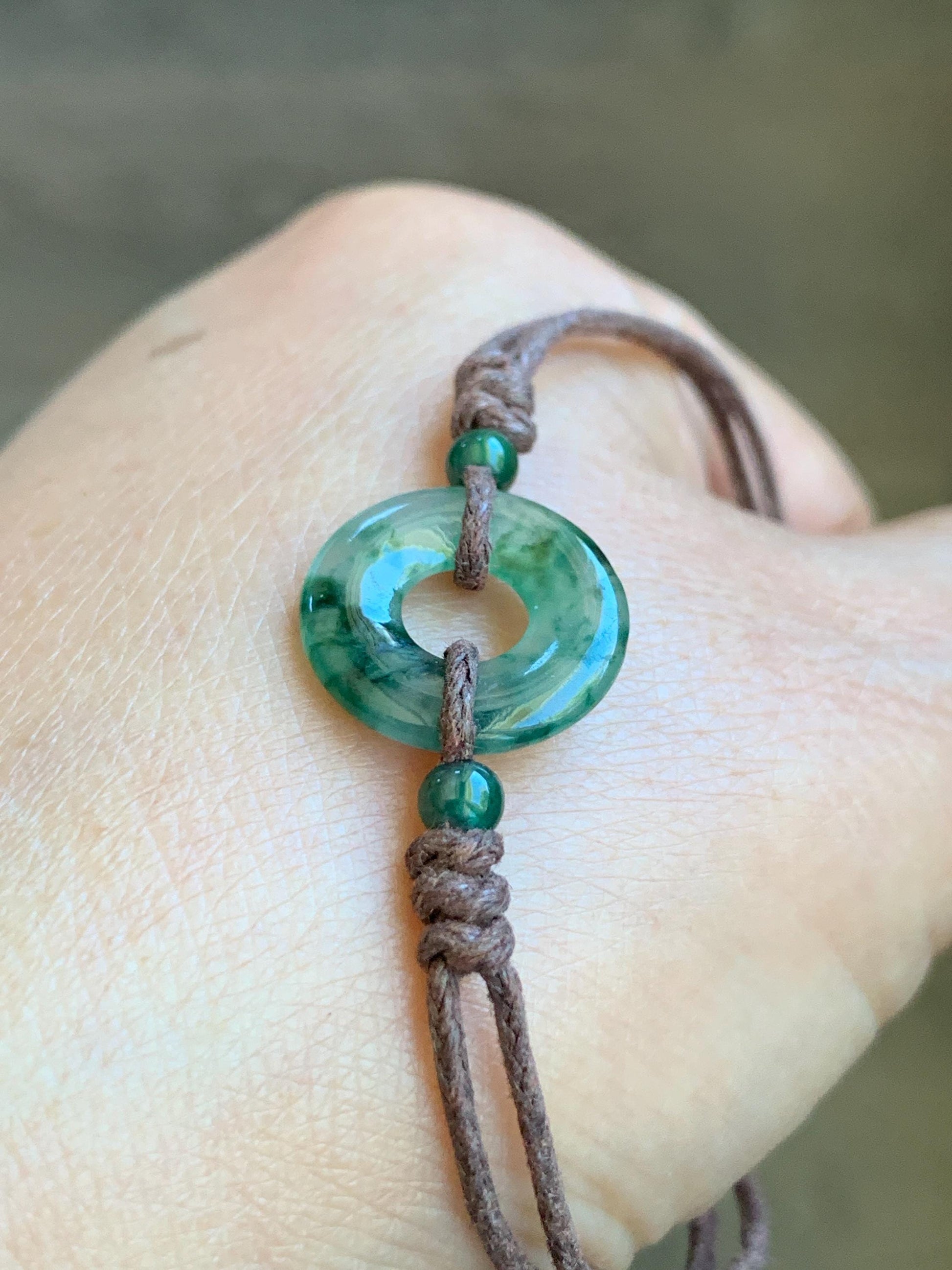 Natural Garde A Icy Highly Translucent Green Marbled Jadeite Petite Ping An Kou Donut Rope Bracelet Adjustable 9" 天然老种高冰飘花翡翠平安扣手绳 MLPK-B