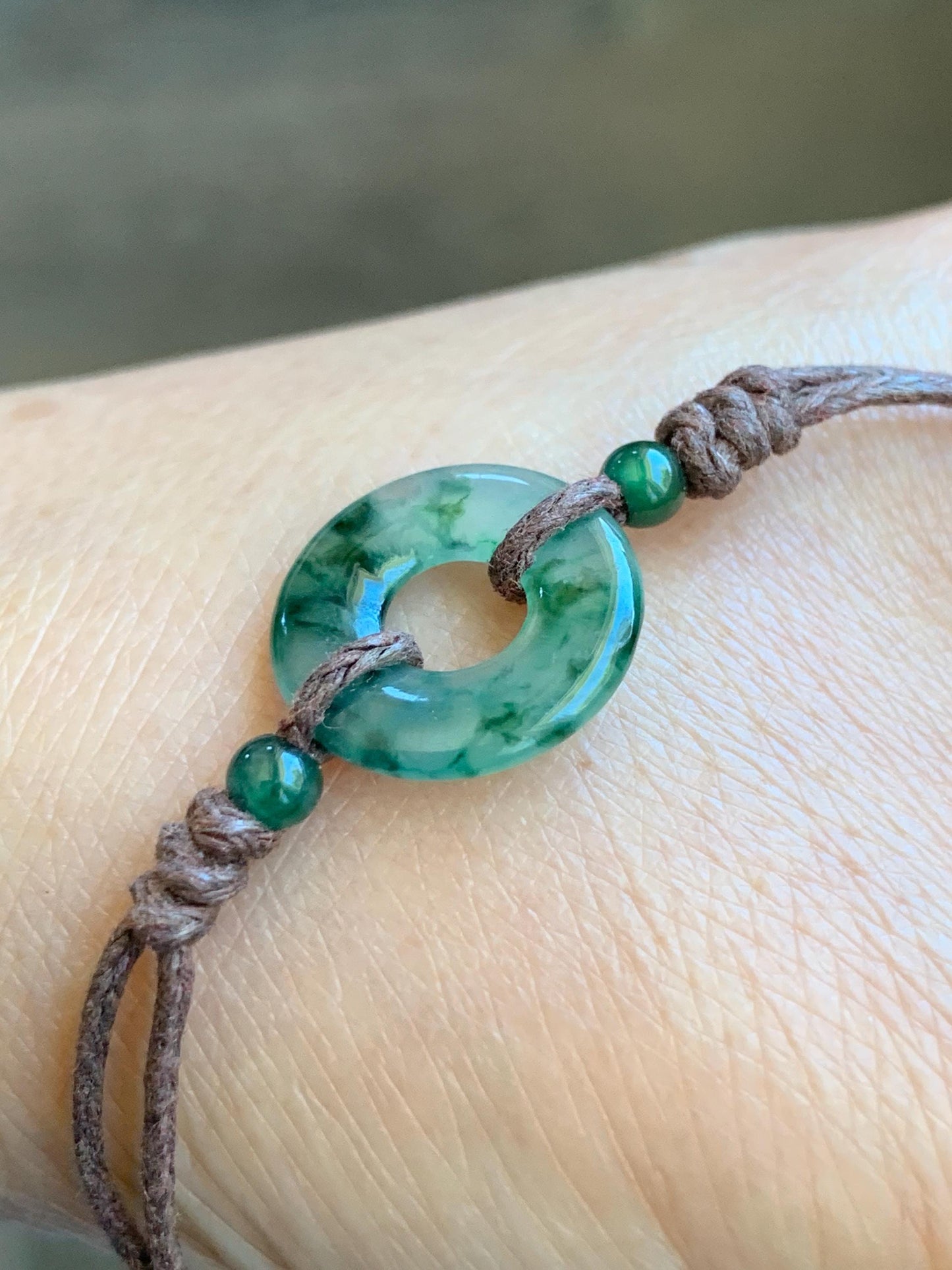 Natural Garde A Icy Highly Translucent Green Marbled Jadeite Petite Ping An Kou Donut Rope Bracelet Adjustable 9" 天然老种高冰飘花翡翠平安扣手绳 MLPK-B