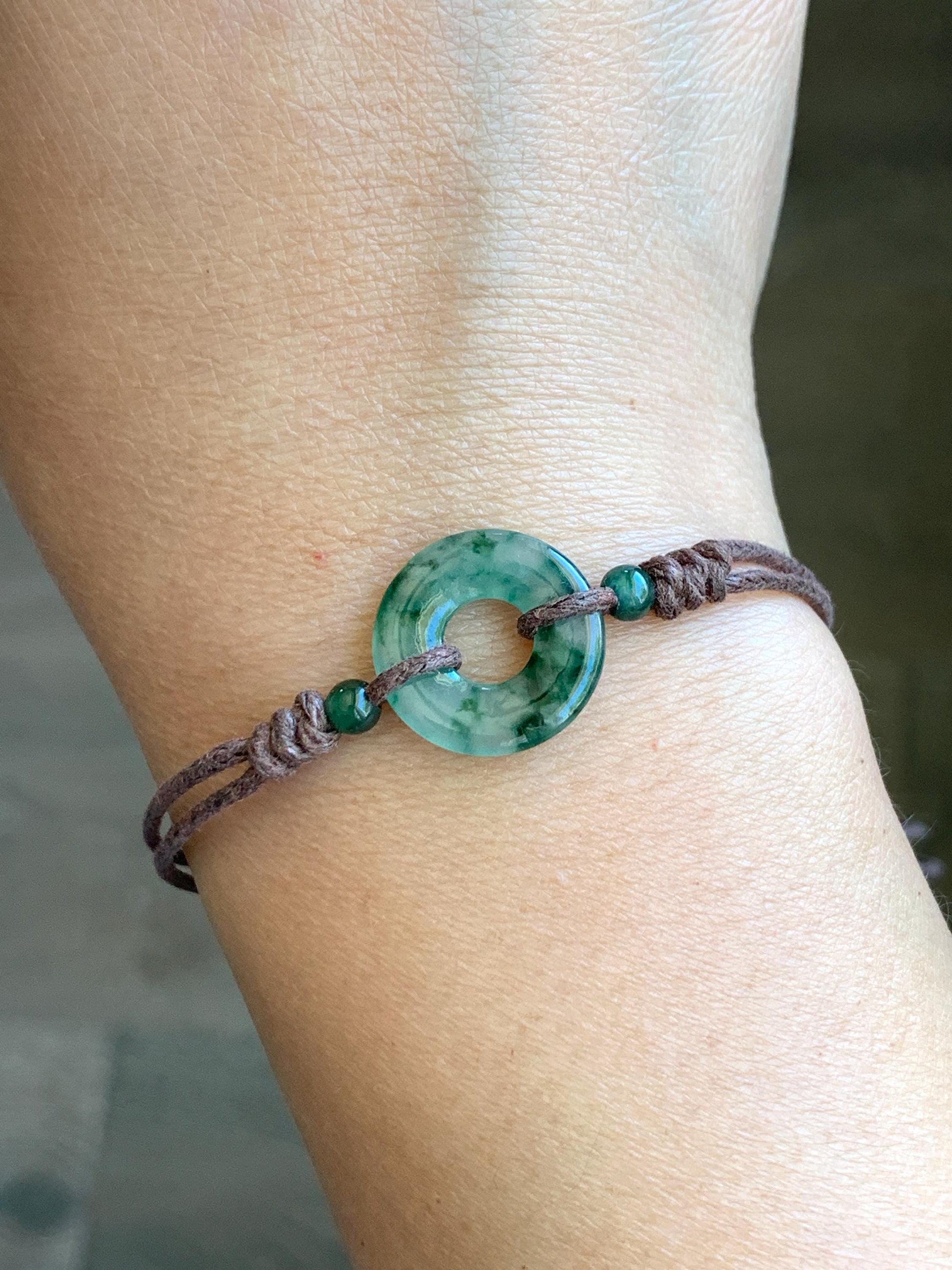 Natural Garde A Icy Highly Translucent Green Marbled Jadeite Petite Ping An Kou Donut Rope Bracelet Adjustable 9" 天然老种高冰飘花翡翠平安扣手绳 MLPK-B