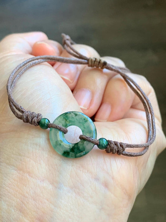 Natural Garde A Icy Highly Translucent Green Marbled Jadeite Petite Ping An Kou Donut Rope Bracelet Adjustable 9" 天然老种高冰飘花翡翠平安扣手绳 MLPK-B