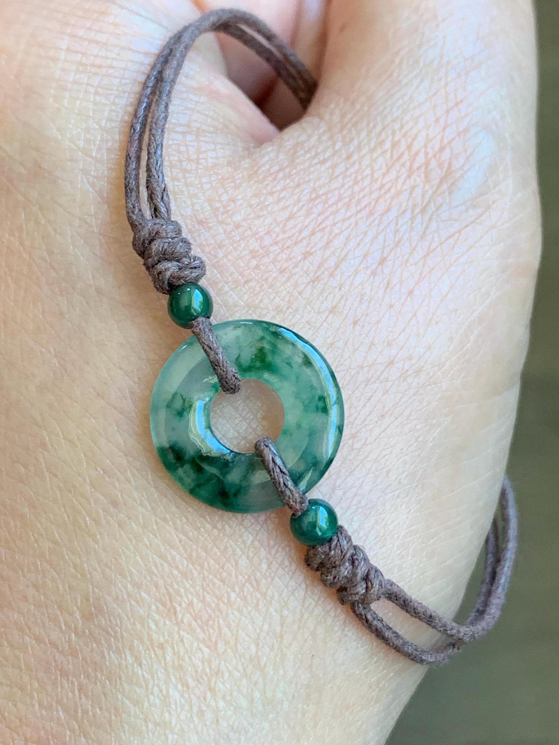 Natural Garde A Icy Highly Translucent Green Marbled Jadeite Petite Ping An Kou Donut Rope Bracelet Adjustable 9" 天然老种高冰飘花翡翠平安扣手绳 MLPK-B