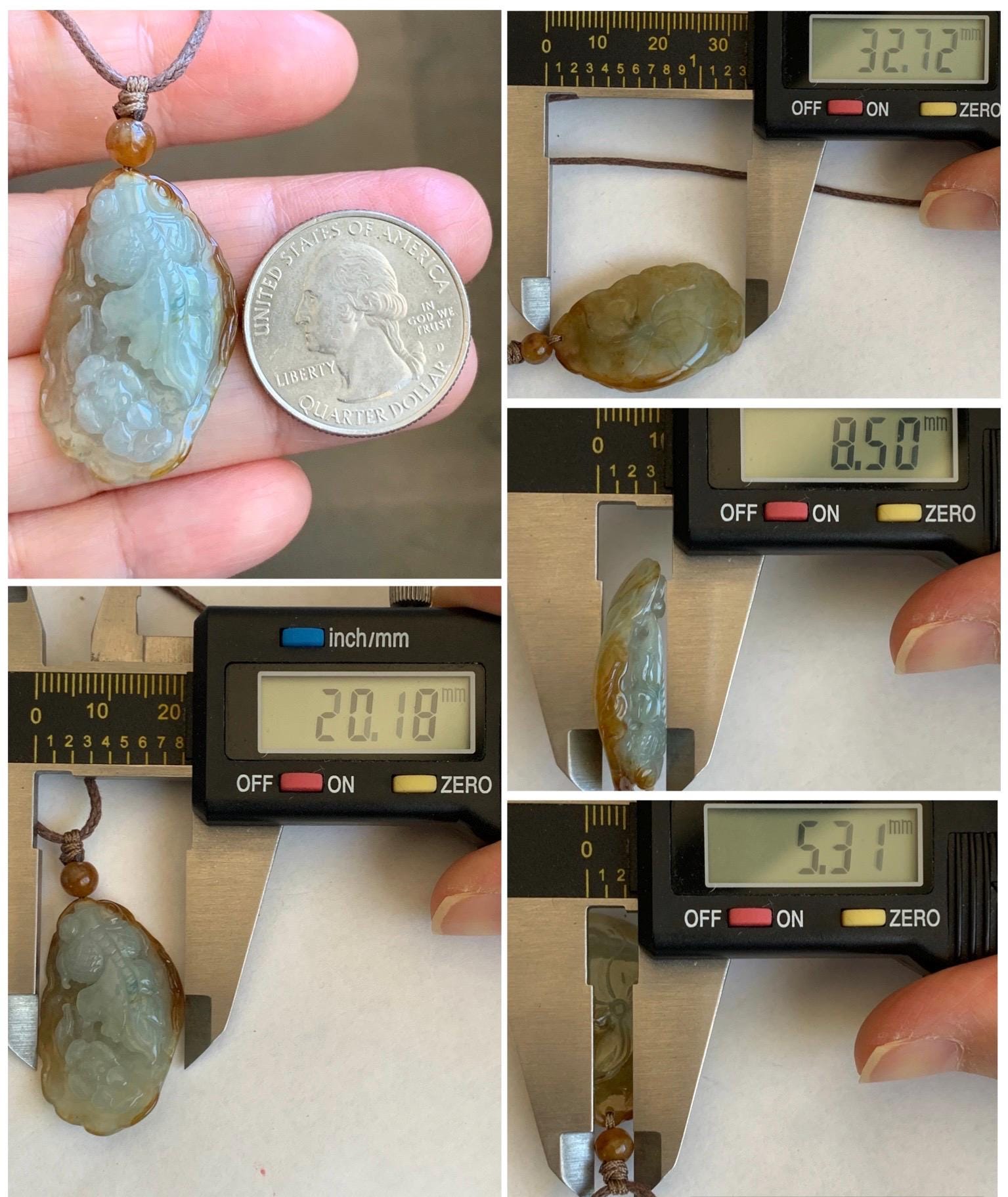 Natural Grade A Icy Highly Translucent Yellow Marbled Bicolored Jadeite Lotus Flower Goldfish Pendant Rope Necklace 25" 天然冰黄皮料翡翠莲花鱼吊坠 SHY220