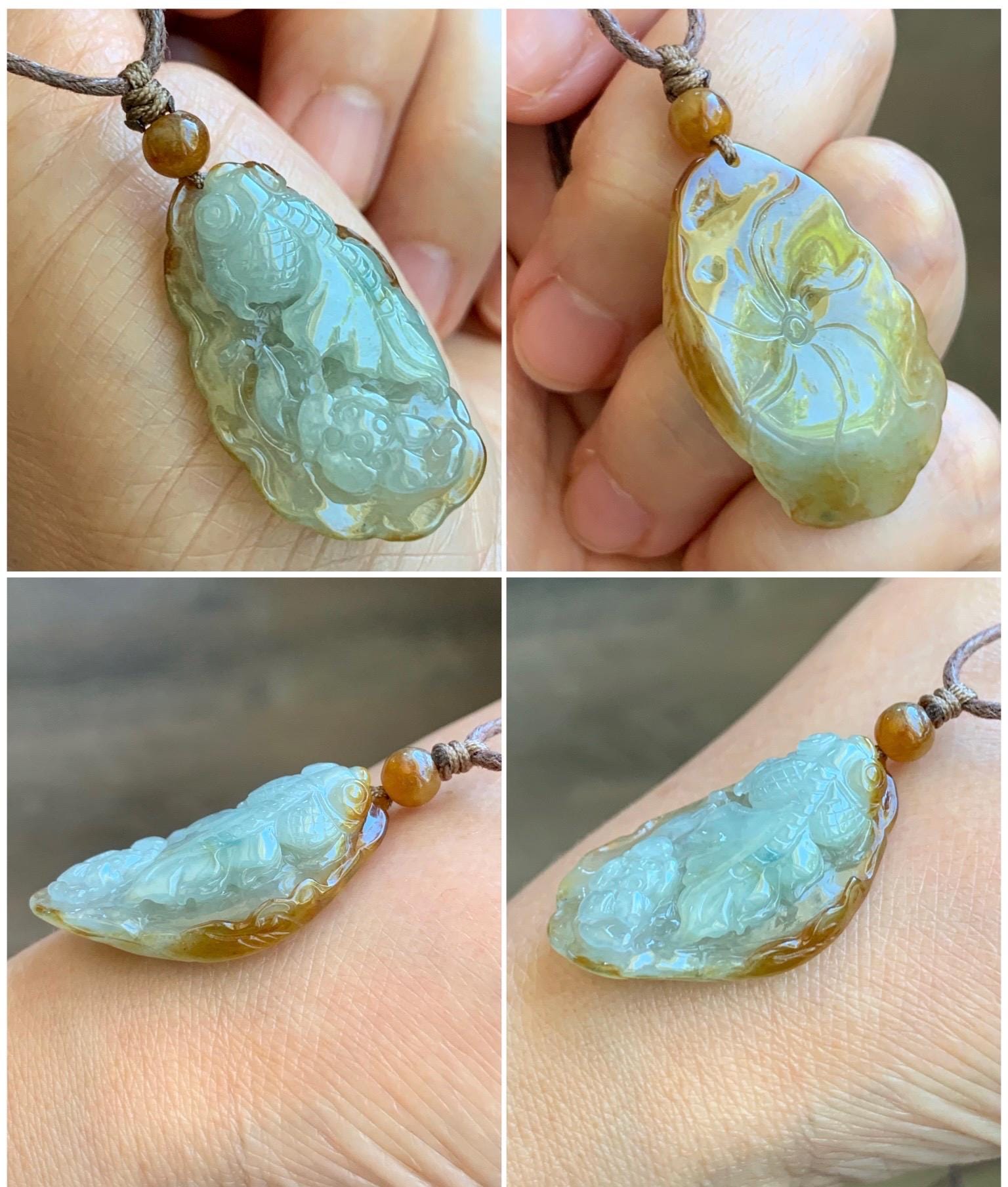 Natural Grade A Icy Highly Translucent Yellow Marbled Bicolored Jadeite Lotus Flower Goldfish Pendant Rope Necklace 25" 天然冰黄皮料翡翠莲花鱼吊坠 SHY220