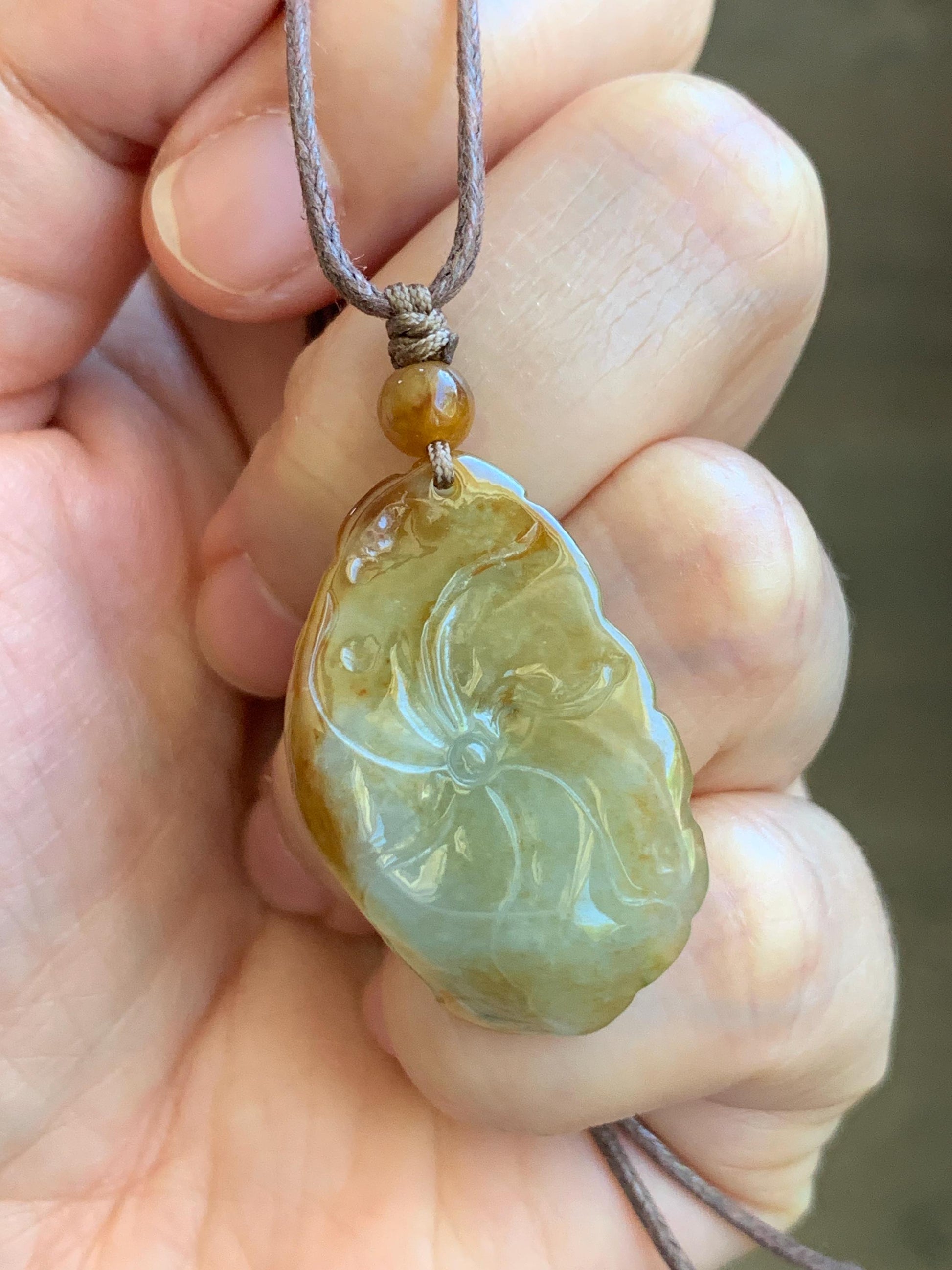 Natural Grade A Icy Highly Translucent Yellow Marbled Bicolored Jadeite Lotus Flower Goldfish Pendant Rope Necklace 25" 天然冰黄皮料翡翠莲花鱼吊坠 SHY220