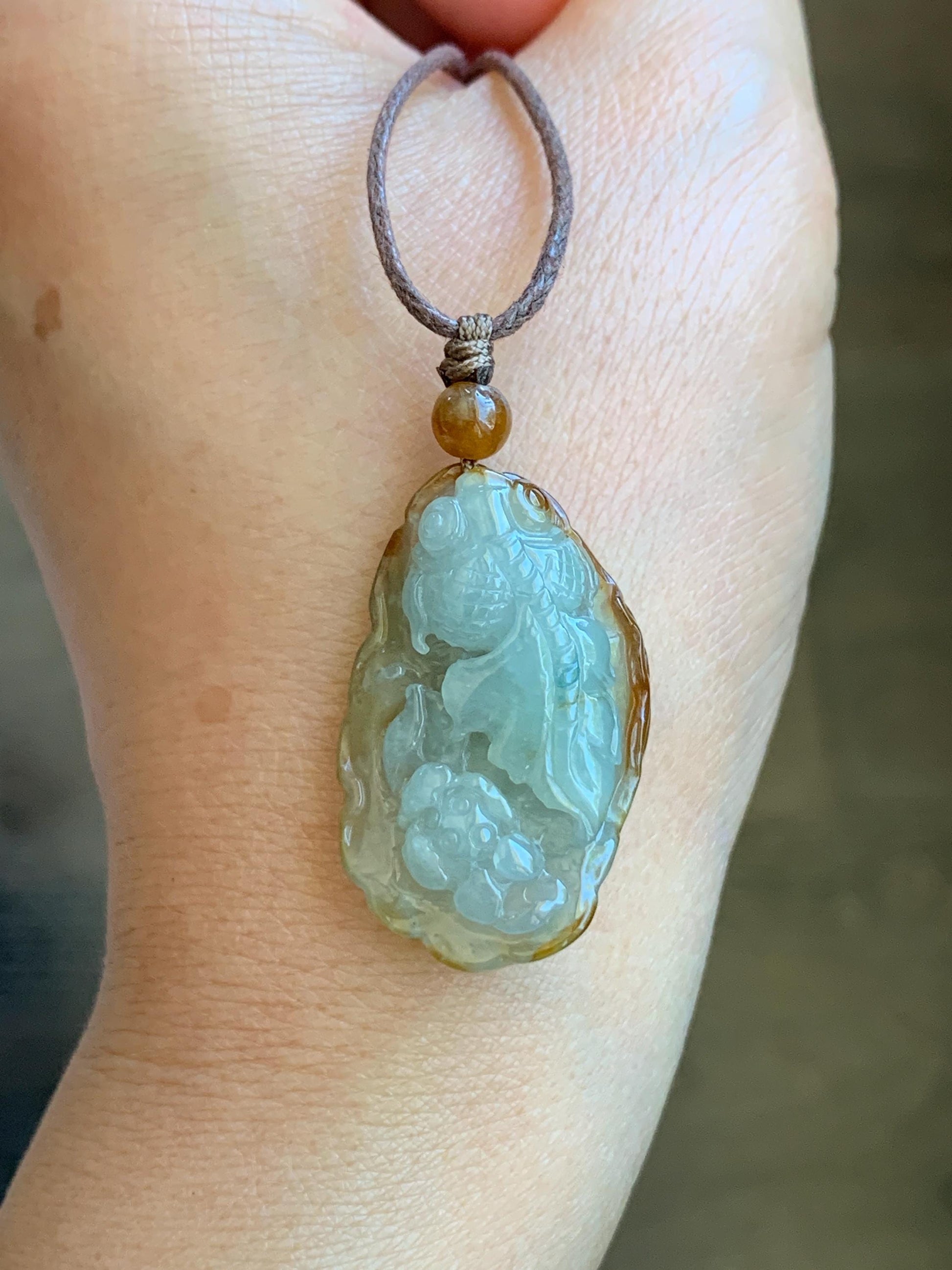 Natural Grade A Icy Highly Translucent Yellow Marbled Bicolored Jadeite Lotus Flower Goldfish Pendant Rope Necklace 25" 天然冰黄皮料翡翠莲花鱼吊坠 SHY220