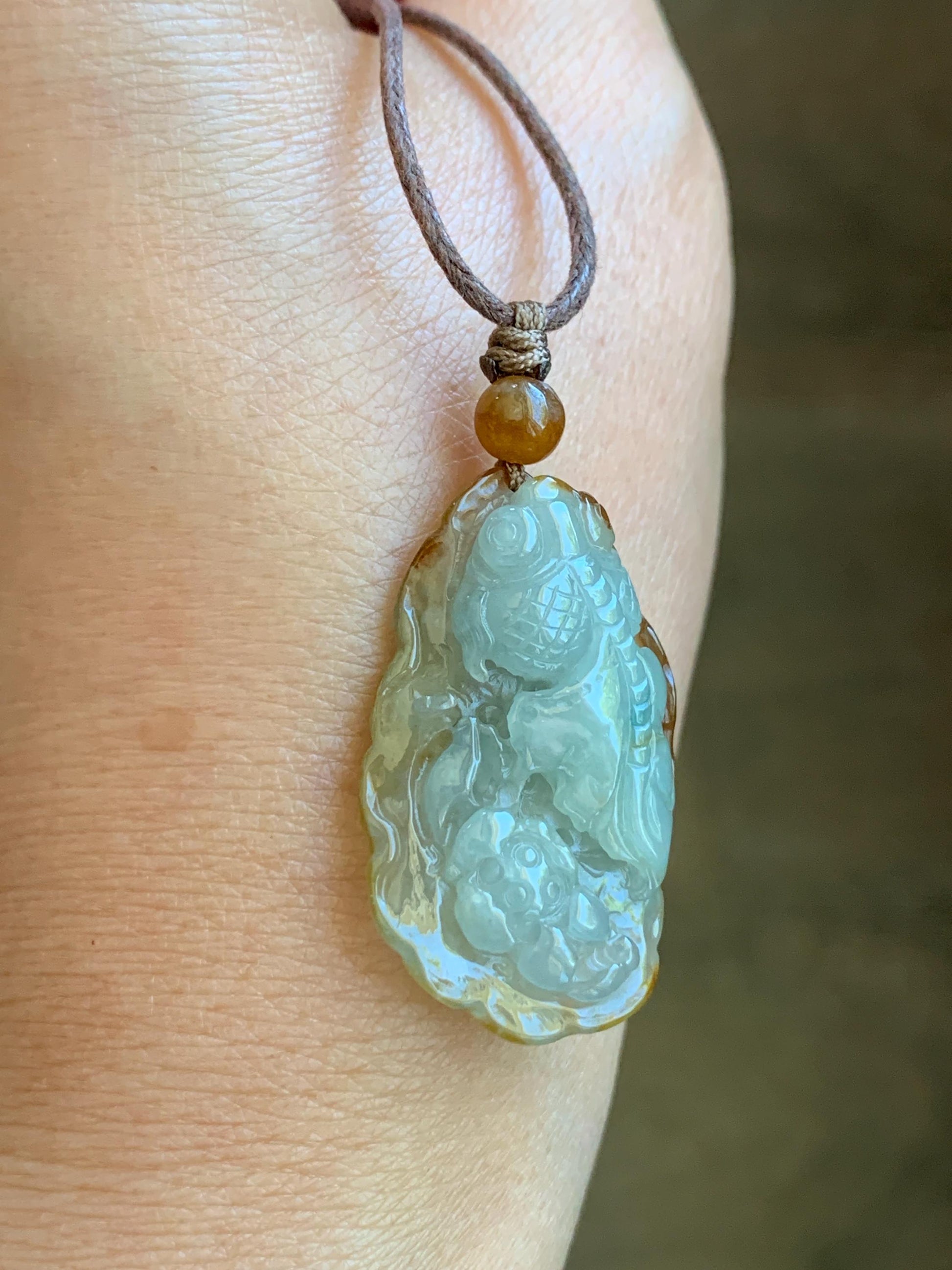 Natural Grade A Icy Highly Translucent Yellow Marbled Bicolored Jadeite Lotus Flower Goldfish Pendant Rope Necklace 25" 天然冰黄皮料翡翠莲花鱼吊坠 SHY220
