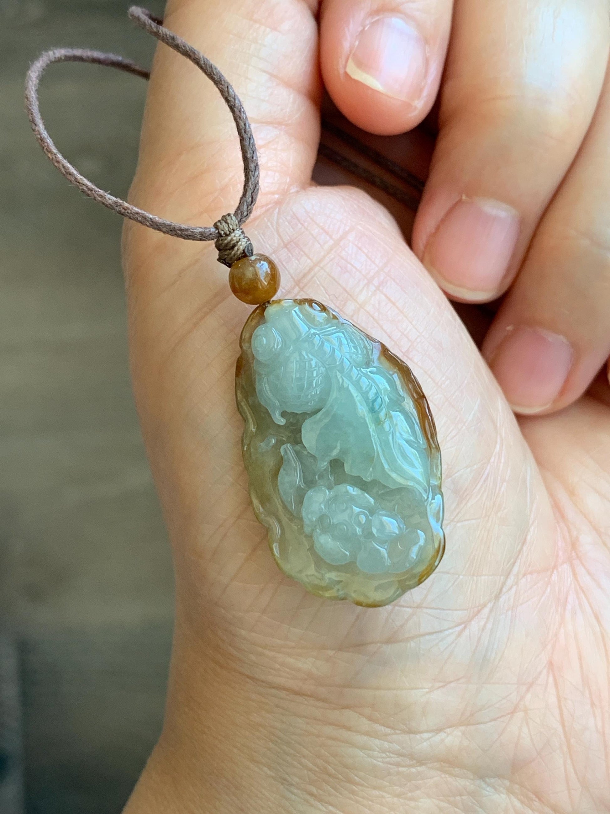 Natural Grade A Icy Highly Translucent Yellow Marbled Bicolored Jadeite Lotus Flower Goldfish Pendant Rope Necklace 25" 天然冰黄皮料翡翠莲花鱼吊坠 SHY220