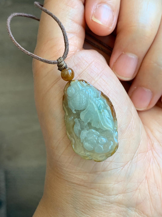 Natural Grade A Icy Highly Translucent Yellow Marbled Bicolored Jadeite Lotus Flower Goldfish Pendant Rope Necklace 25" 天然冰黄皮料翡翠莲花鱼吊坠 SHY220