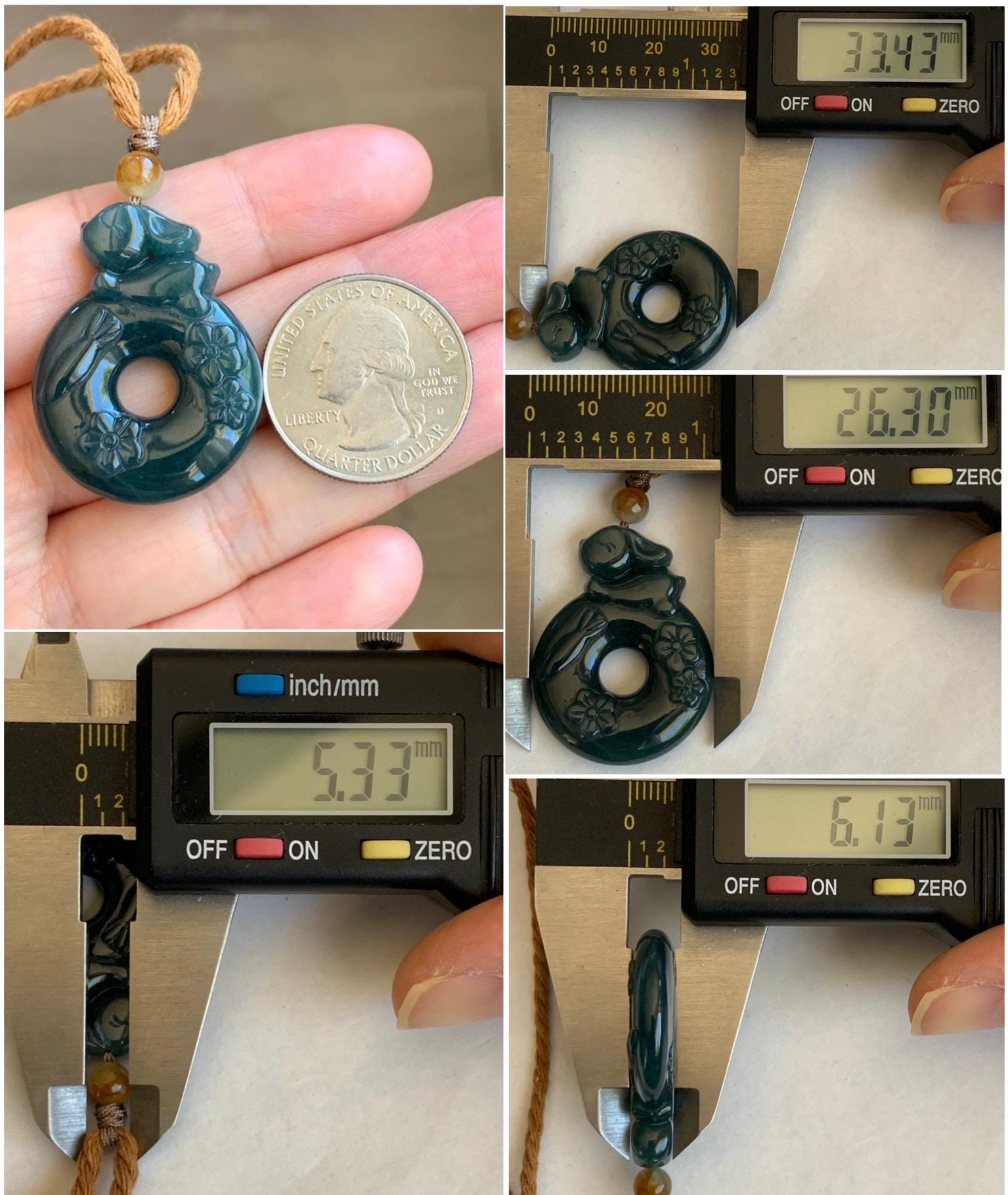 Natural Guatemalan Icy Translucent Deep Teal Blue Jadeite Rabbit Cherry Blossom Ping An Kou Donut Pendant Rope Necklace 天然冰危深蓝翡翠小兔梅花双面平安扣吊坠