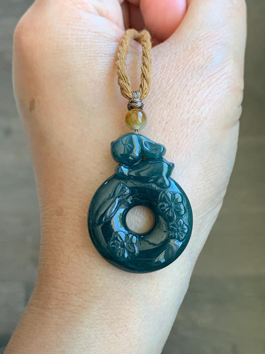 Natural Guatemalan Icy Translucent Deep Teal Blue Jadeite Rabbit Cherry Blossom Ping An Kou Donut Pendant Rope Necklace 天然冰危深蓝翡翠小兔梅花双面平安扣吊坠