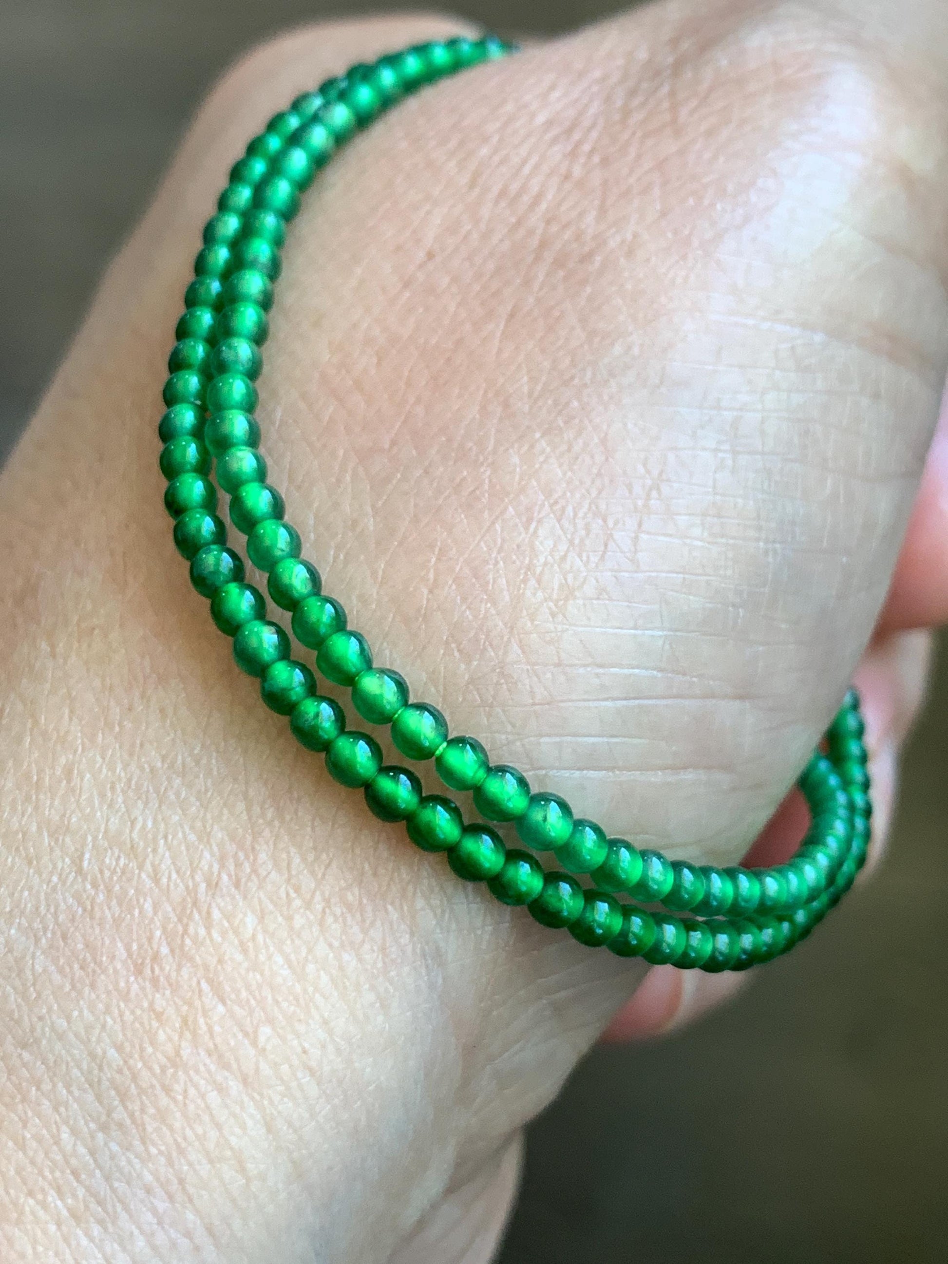 Natural Grade A Guatemalan Icy Highly Translucent Green Jadeite Petite Beads Beaded Bracelet 7” 2.6mm 3g 天然高冰危绿翡翠小卡圆珠手串 XWS330