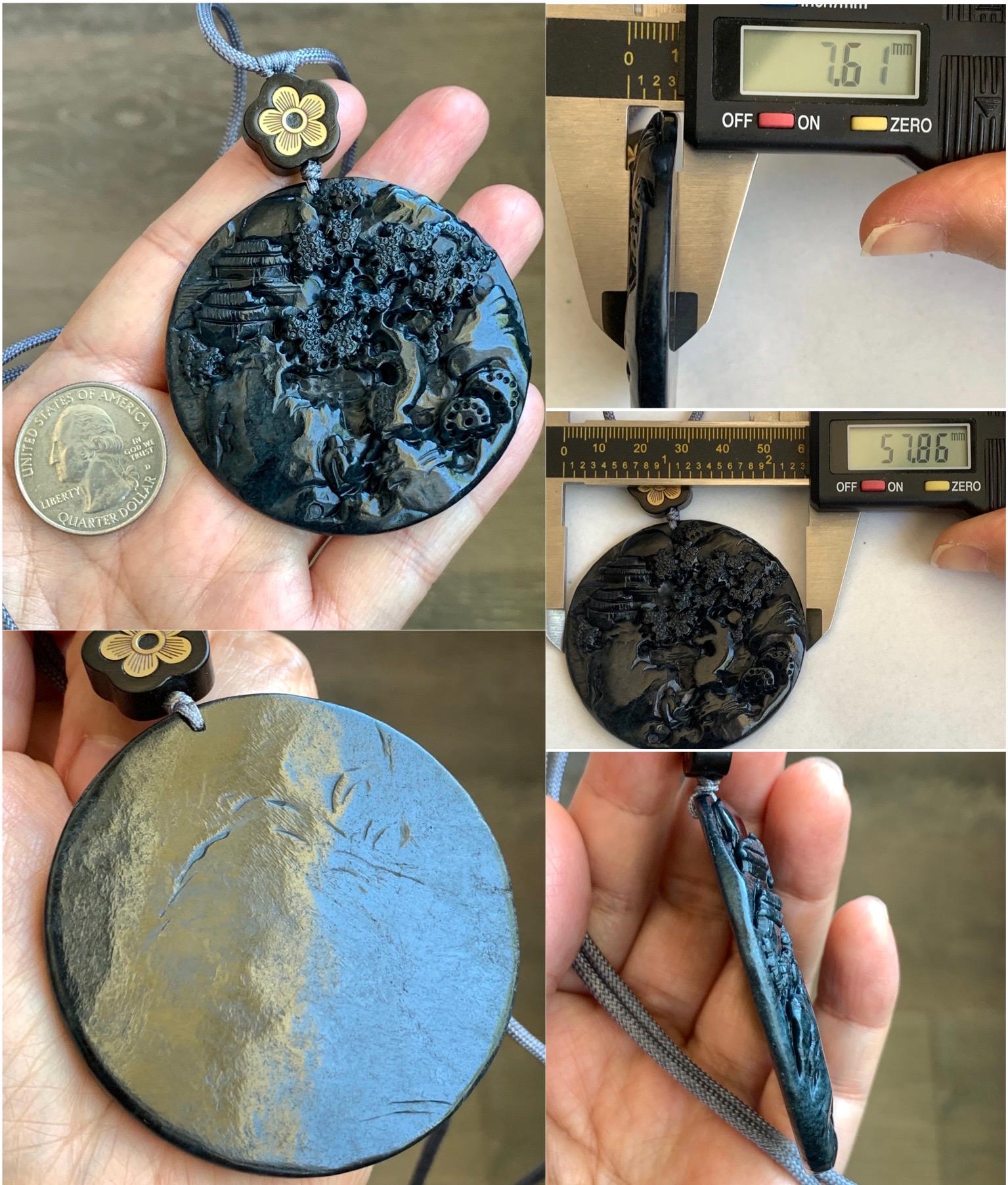 Large Natural Grade A Guatemalan Opaque Black Jadeite Carved Shan Shui Scenery Landscape Pendant Rope Necklace 32” 47g 天然危墨翠翡翠山水牌吊坠 WQM280